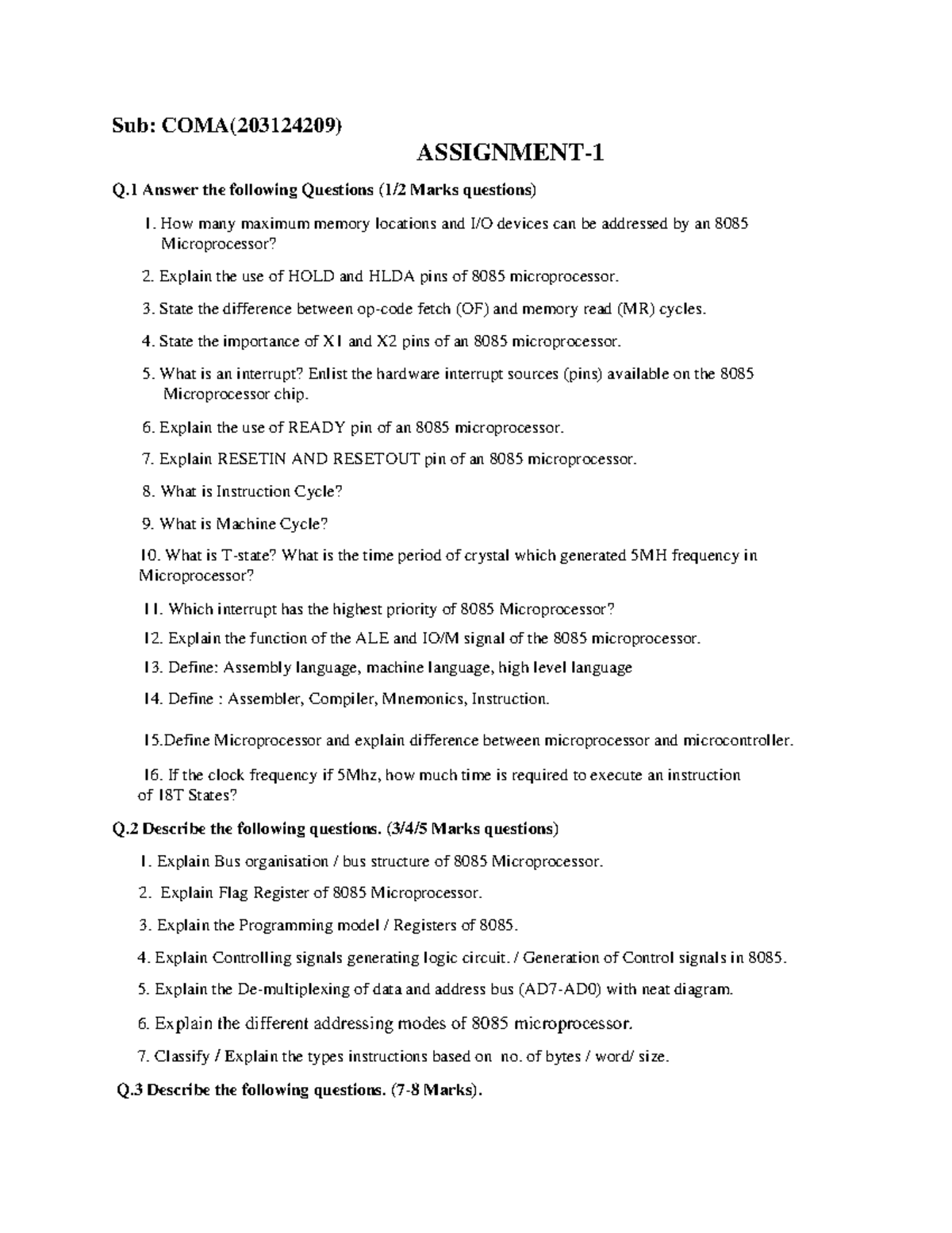Question Bank: COMA 203124209 - 8085 Microprocessor Notes - Studocu