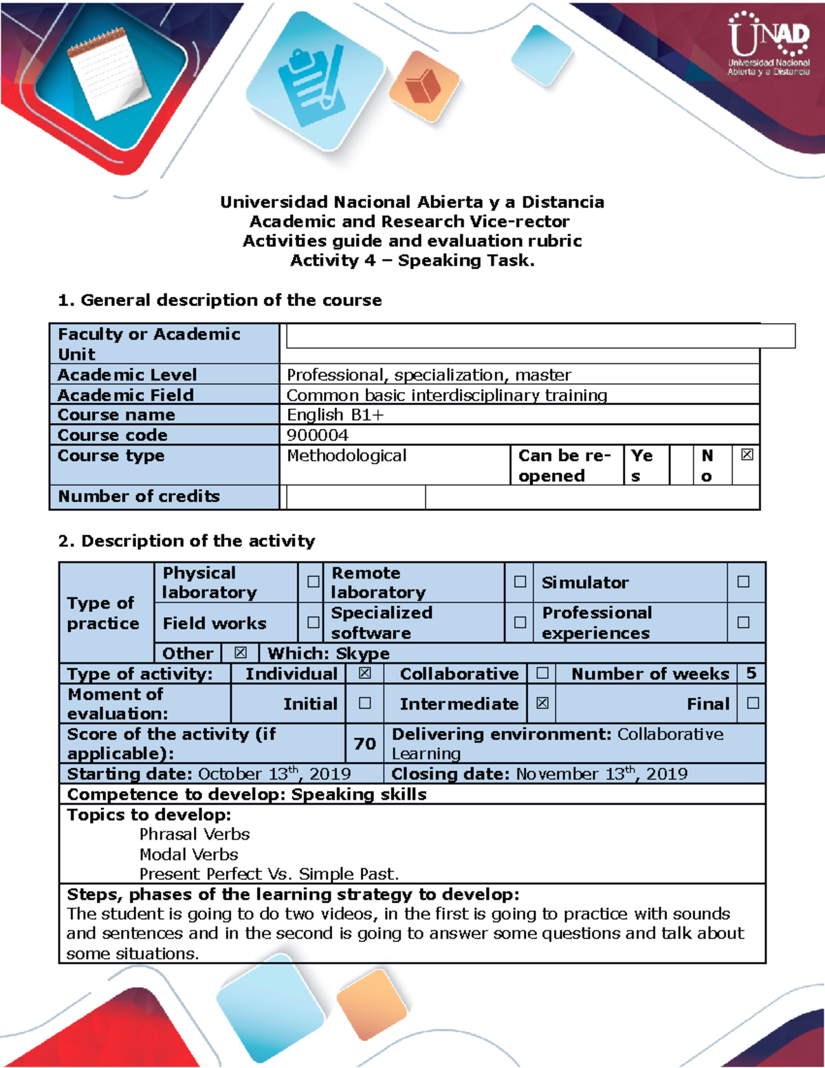 Activity 900004 - Unit 2 Speaking Task: Video Instructions & Guidelines ...