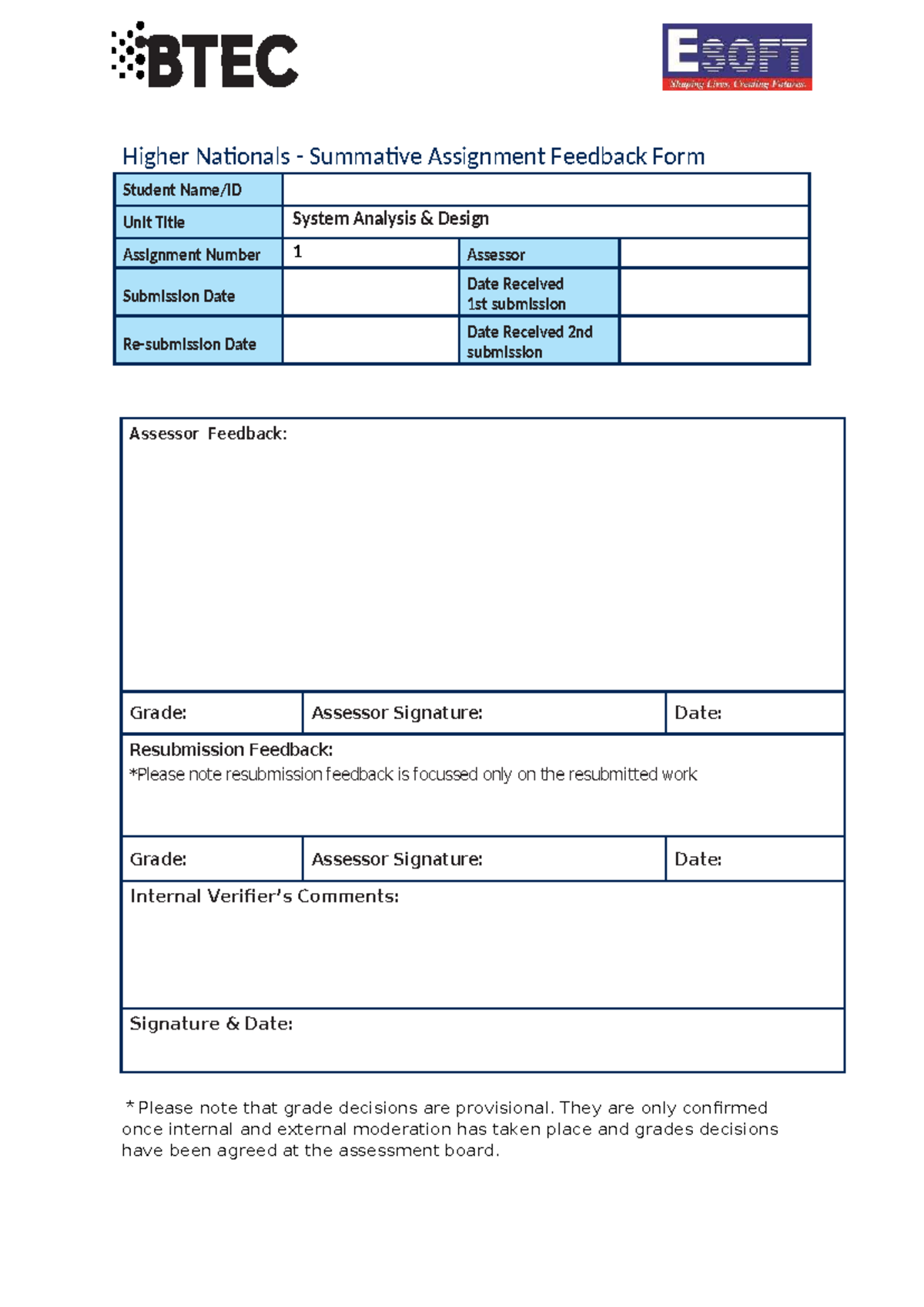 Unit 35: System Analysis & Design - Summative Assignment Feedback Form ...