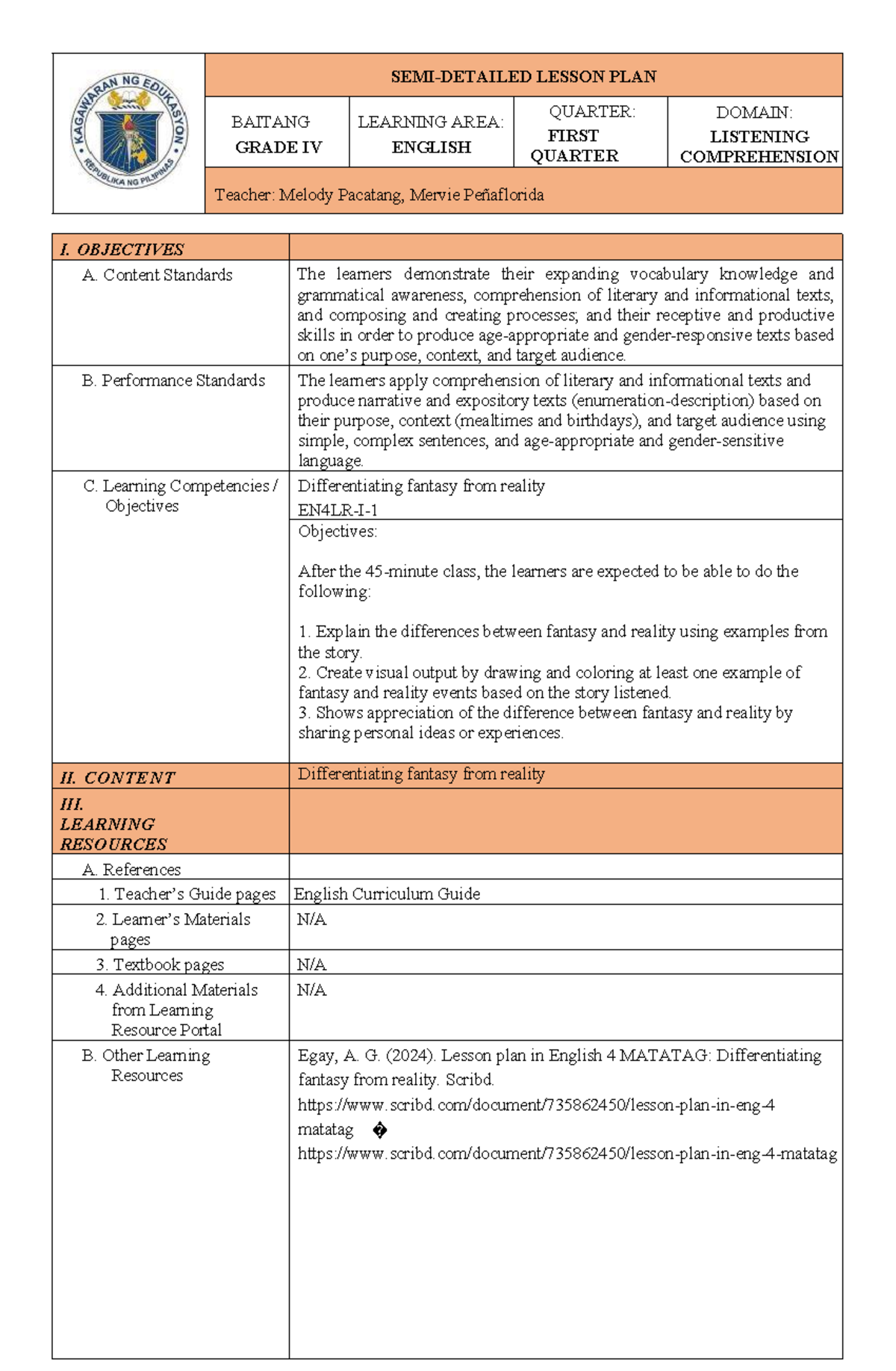 ENGLISH 4 FINAL LESSON PLAN: FANTASY VS. REALITY - Studocu