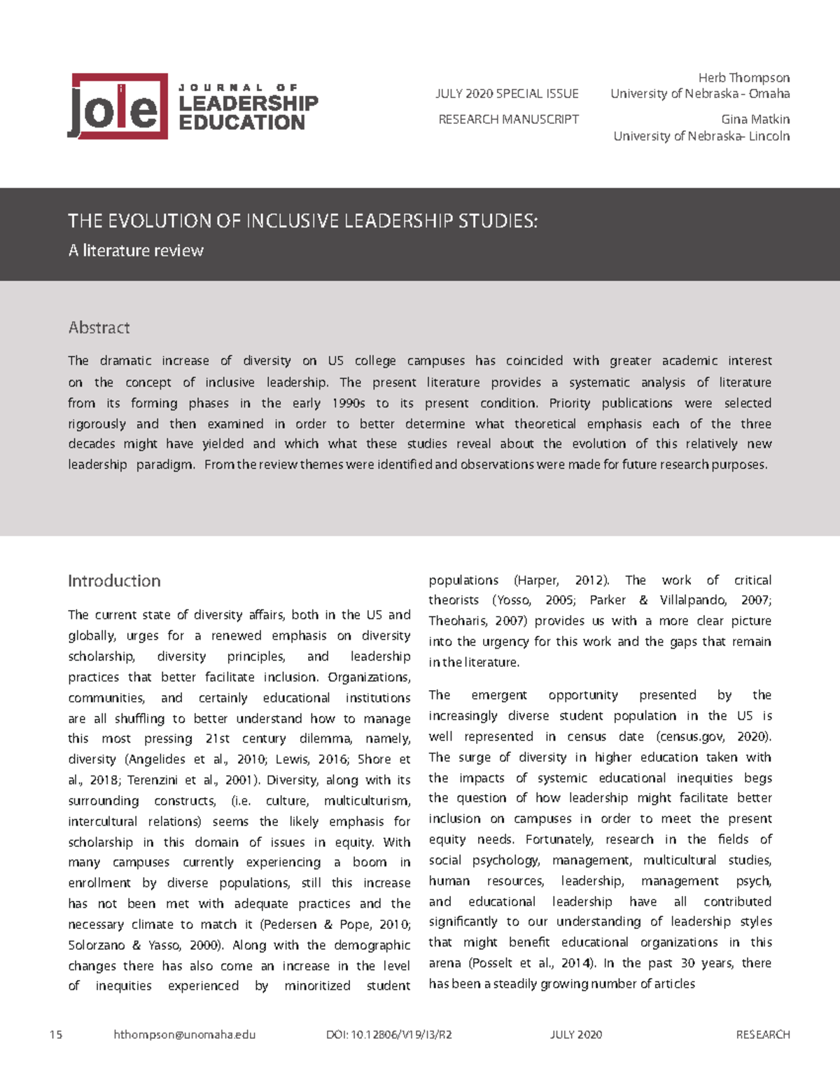 Thompson & Matkin (2020) Evolution of Inclusive Leadership Studies ...