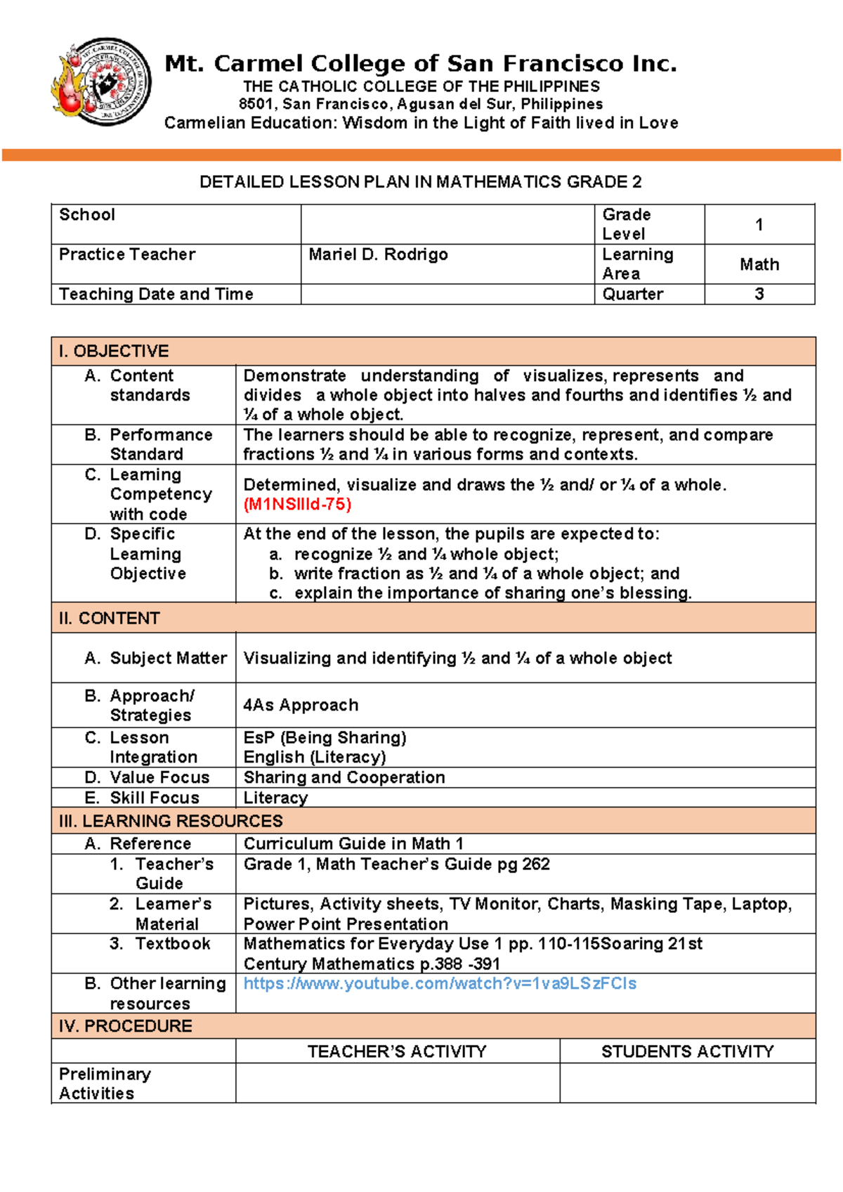 DLP-MATH1: Detailed Lesson Plan for Grade 2 on Fractions - Studocu