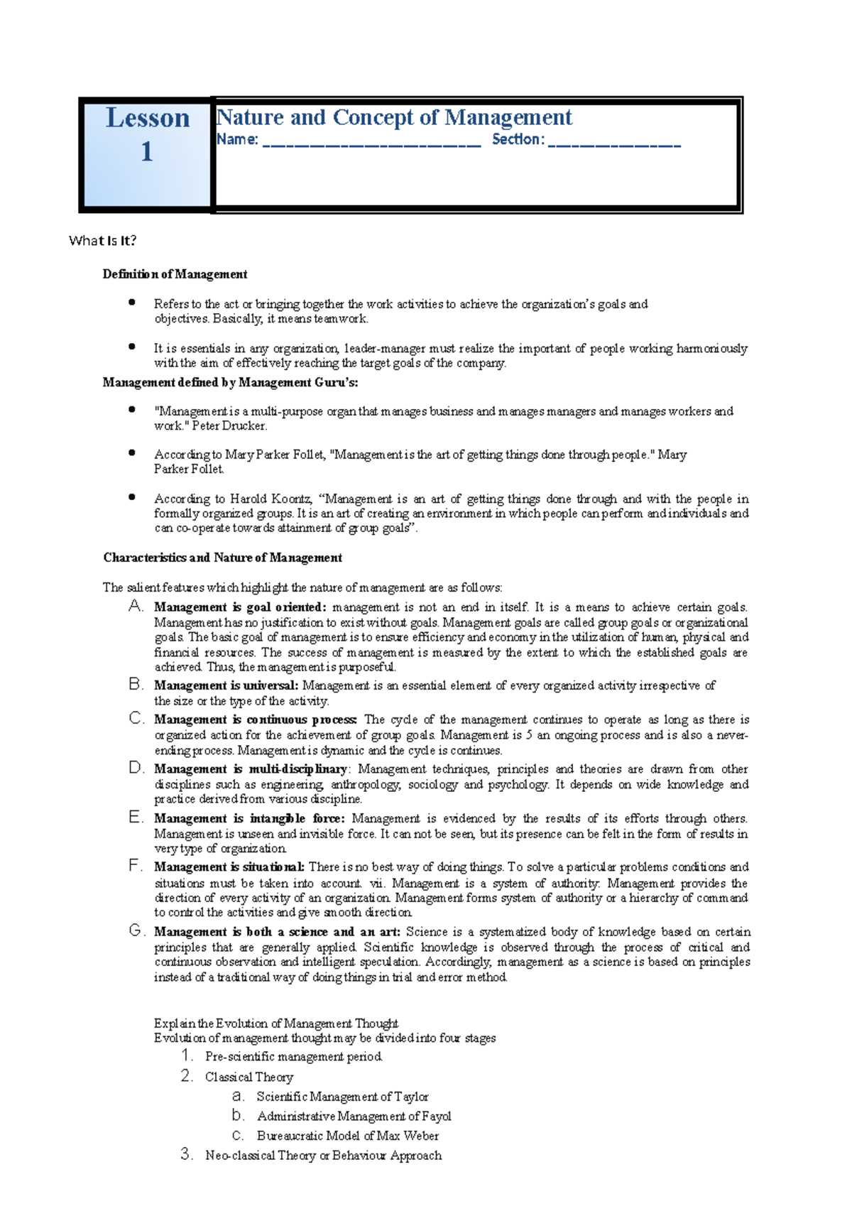 Lesson 1: Nature and Concept of Management (Course Code: INB 263) - Studocu