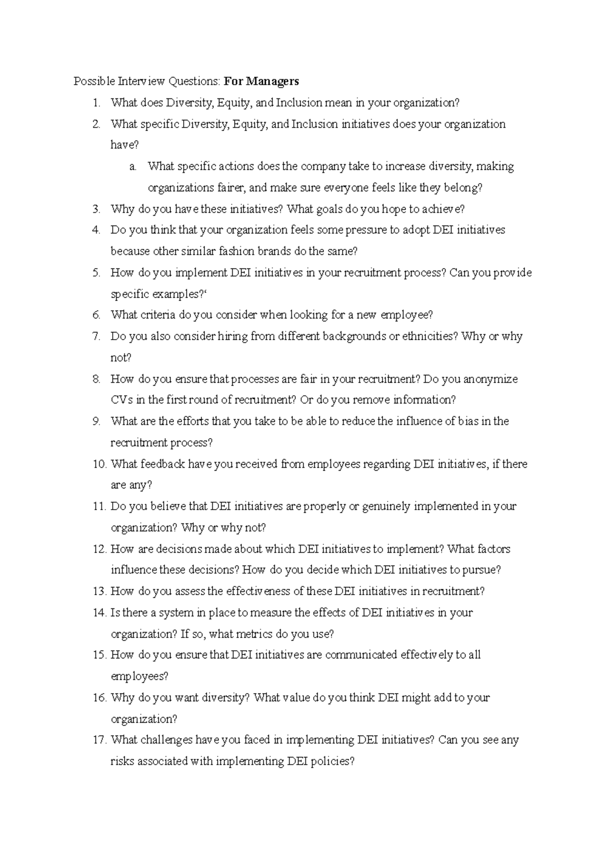 Possible Interview Questions on DEI Initiatives for Managers - Studocu