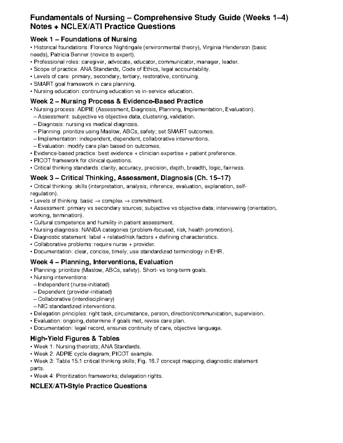 NUR 101 Final Exam Comprehensive Study Guide: Weeks 1-4 Overview - Studocu
