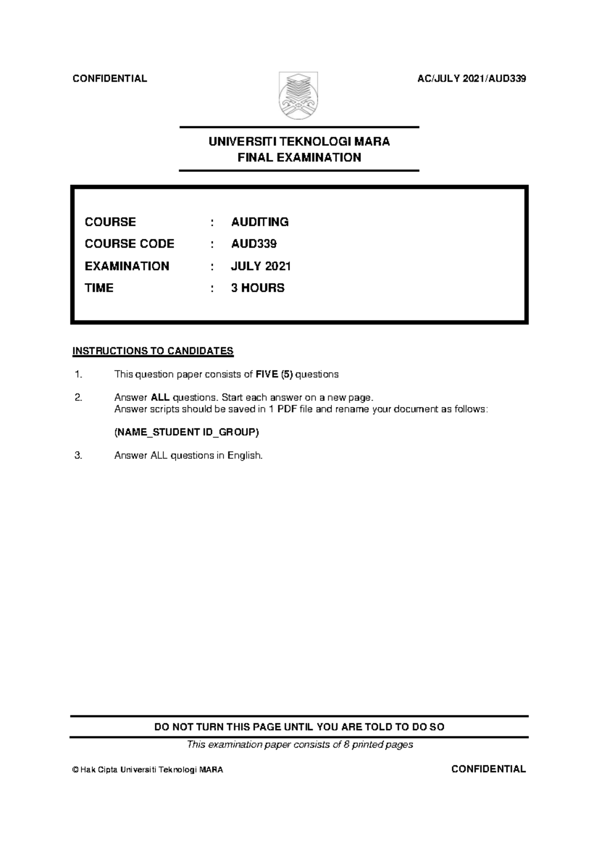 11 AUD339 FINAL EXAMINATION JULY 2021 - AUDITING TEST SOLUTIONS - Studocu