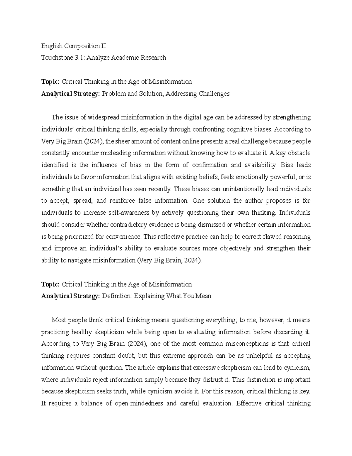 English Composition II Touchstone 3.1: Critical Thinking ...