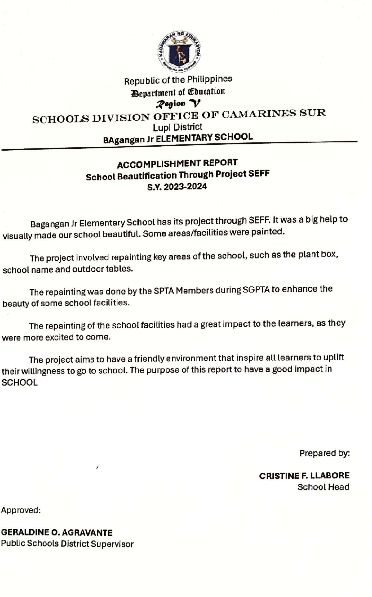 Accomplishment Report: School Beautification Project SEF S.Y. 112733 ...