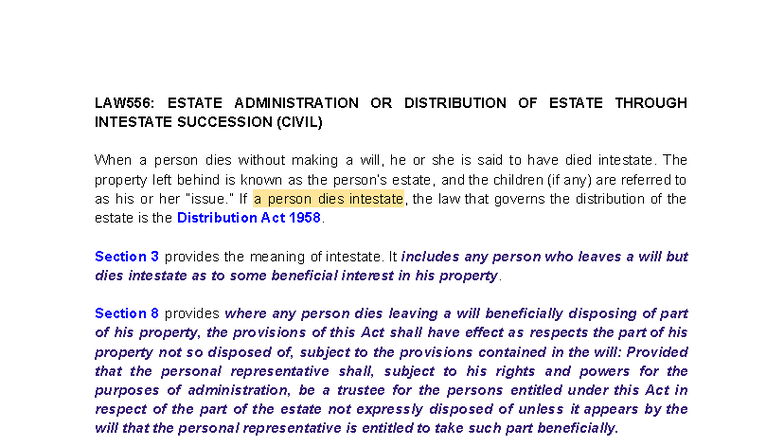 LAW556: Estate Distribution Under Intestate Succession Law - Studocu