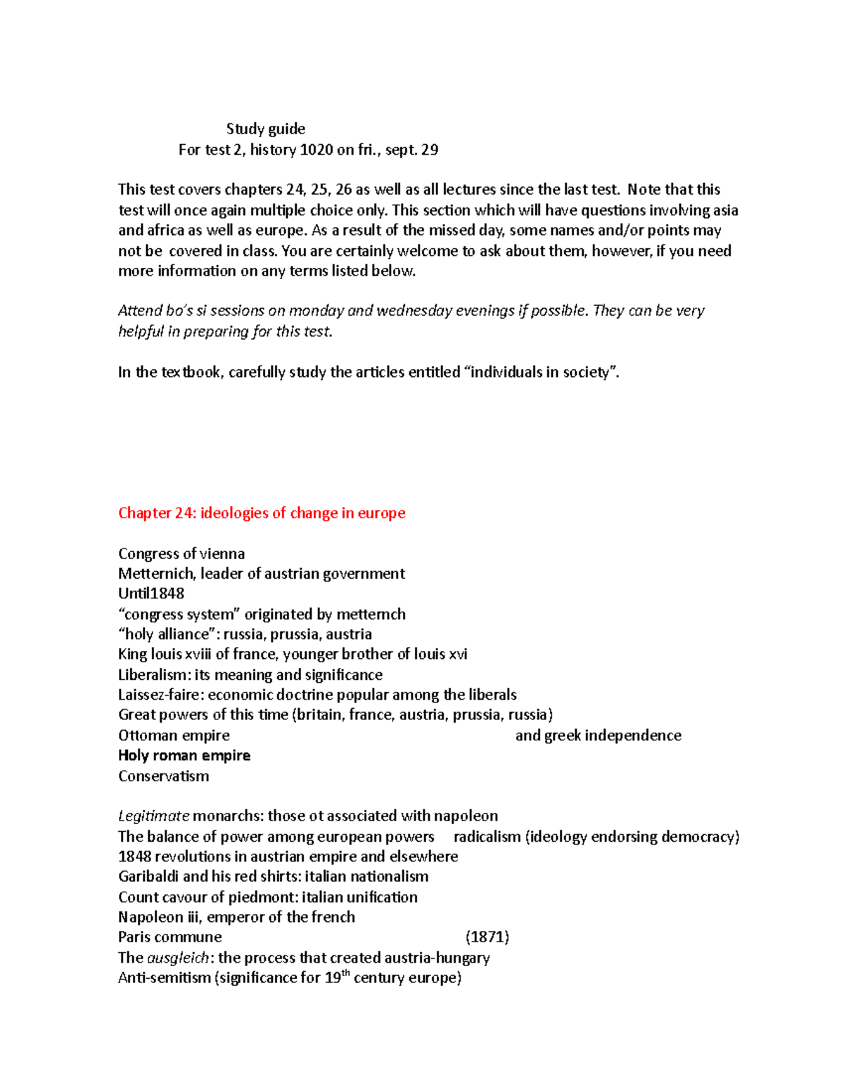 HIST exam 2 - Study guide For test 2, history 1020 on fri., sept. 29 ...