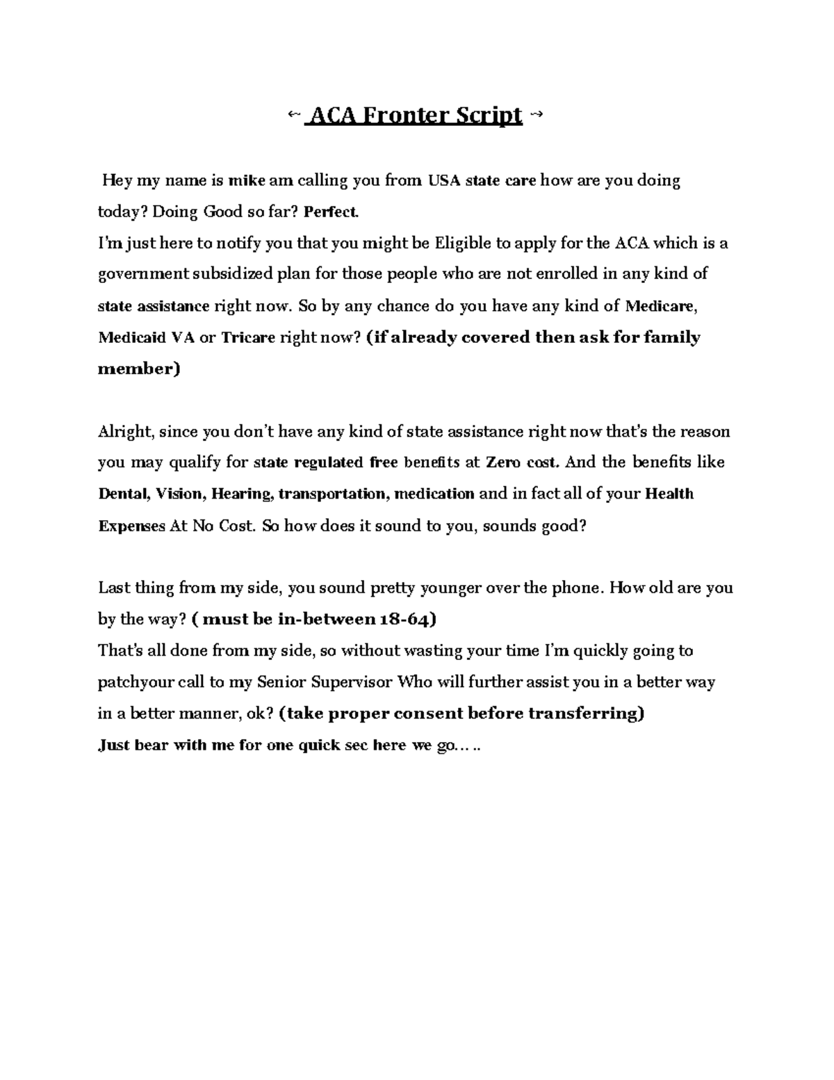 ACA Fronter Script & Rebuttals for Health Insurance Prospective Calls ...