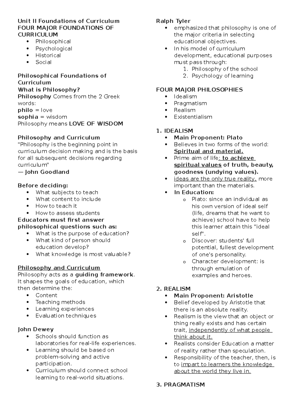 TTSC - Unit II: Foundations of Curriculum - Major Philosophies and ...
