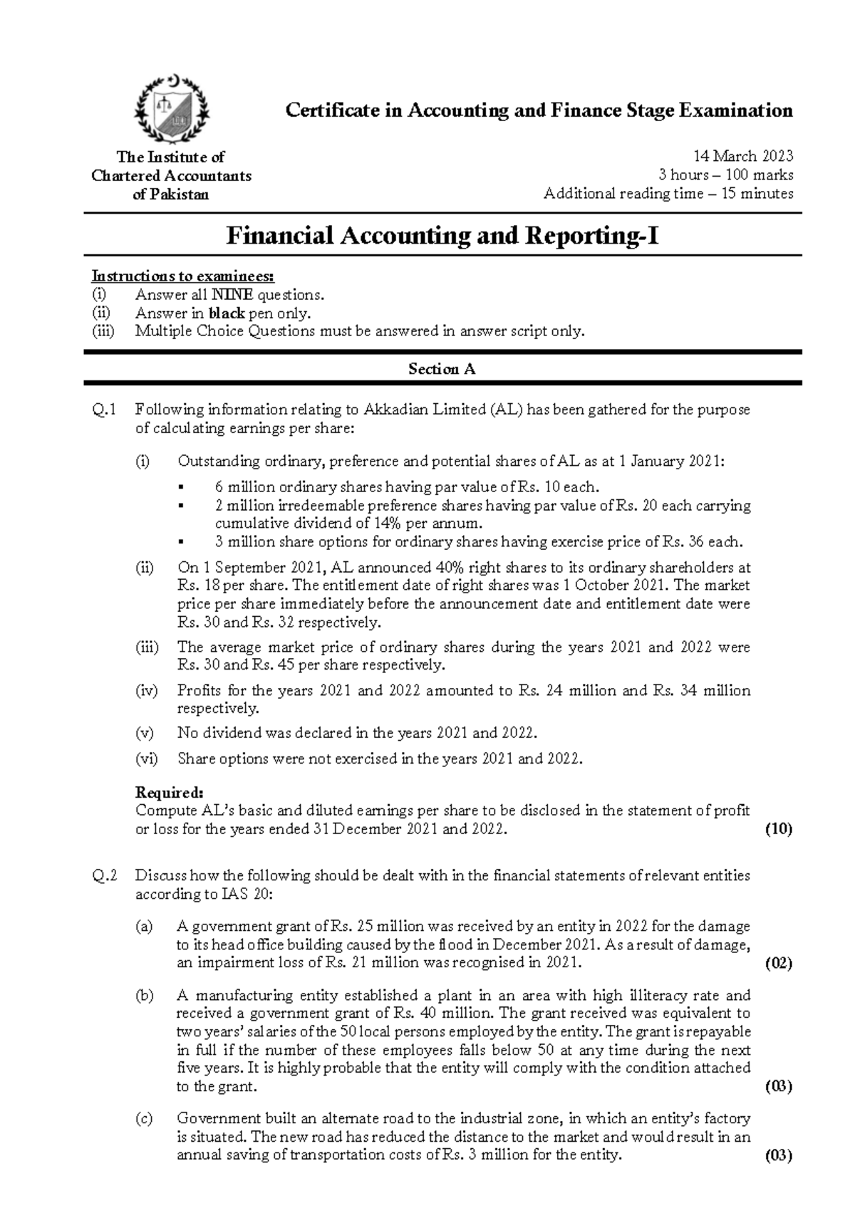 Financial Accounting and Reporting-I (CAF 1 FAR1) Exam Paper Spring ...