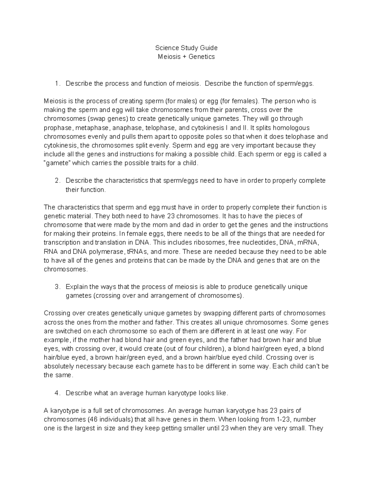Biology 101: Meiosis & Genetics Study Guide Notes - Studocu