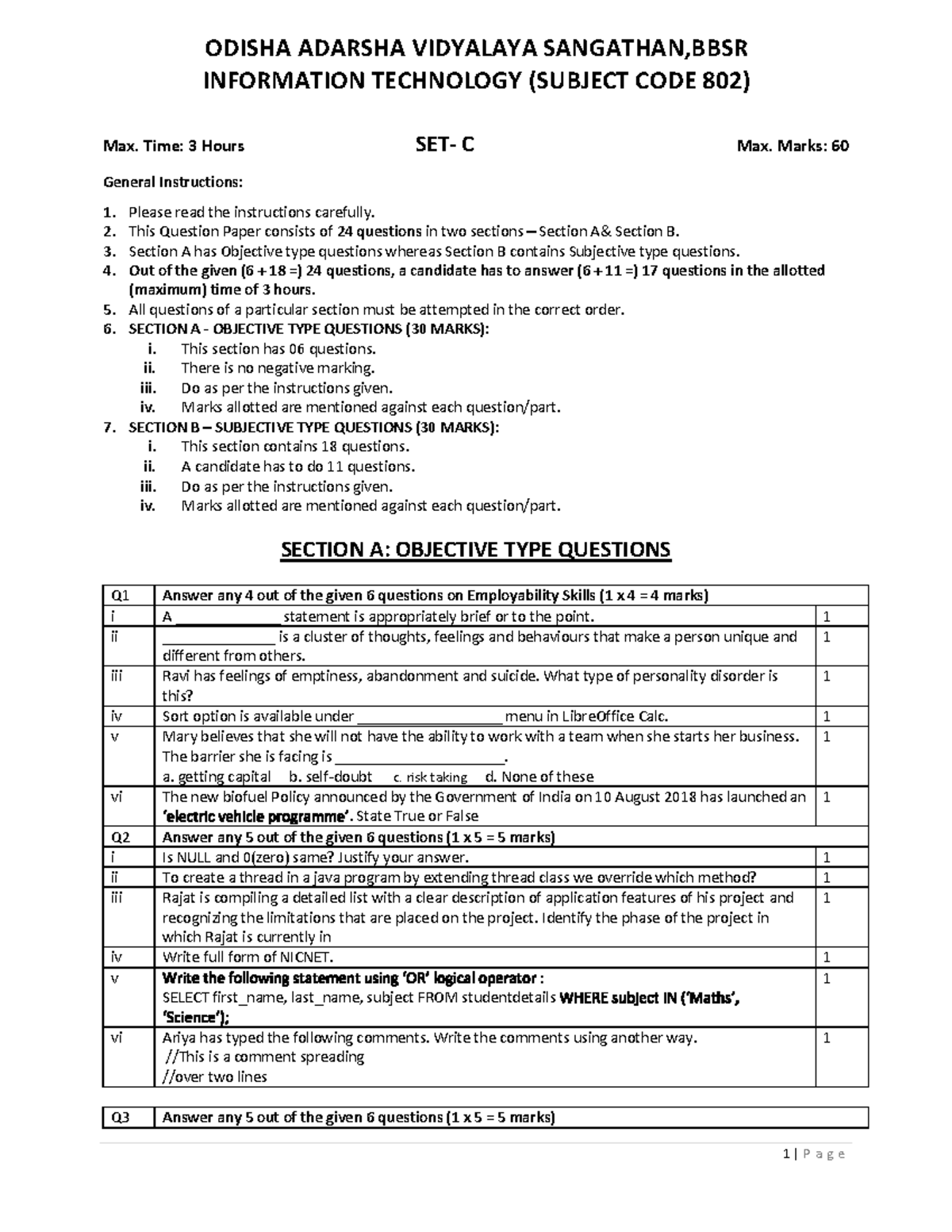 XII IT VST SET CC - Information Technology Exam Questions (Code 802 ...
