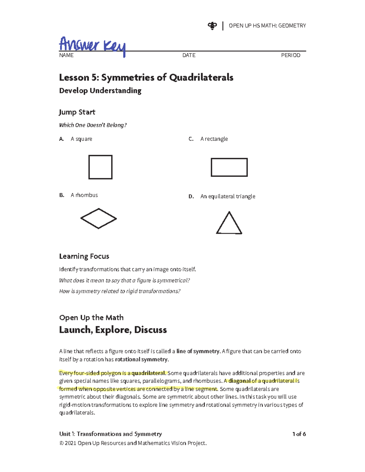 Lesson 5 (Symmetries of Quadrilaterals) Answer Key and Summary - Studocu