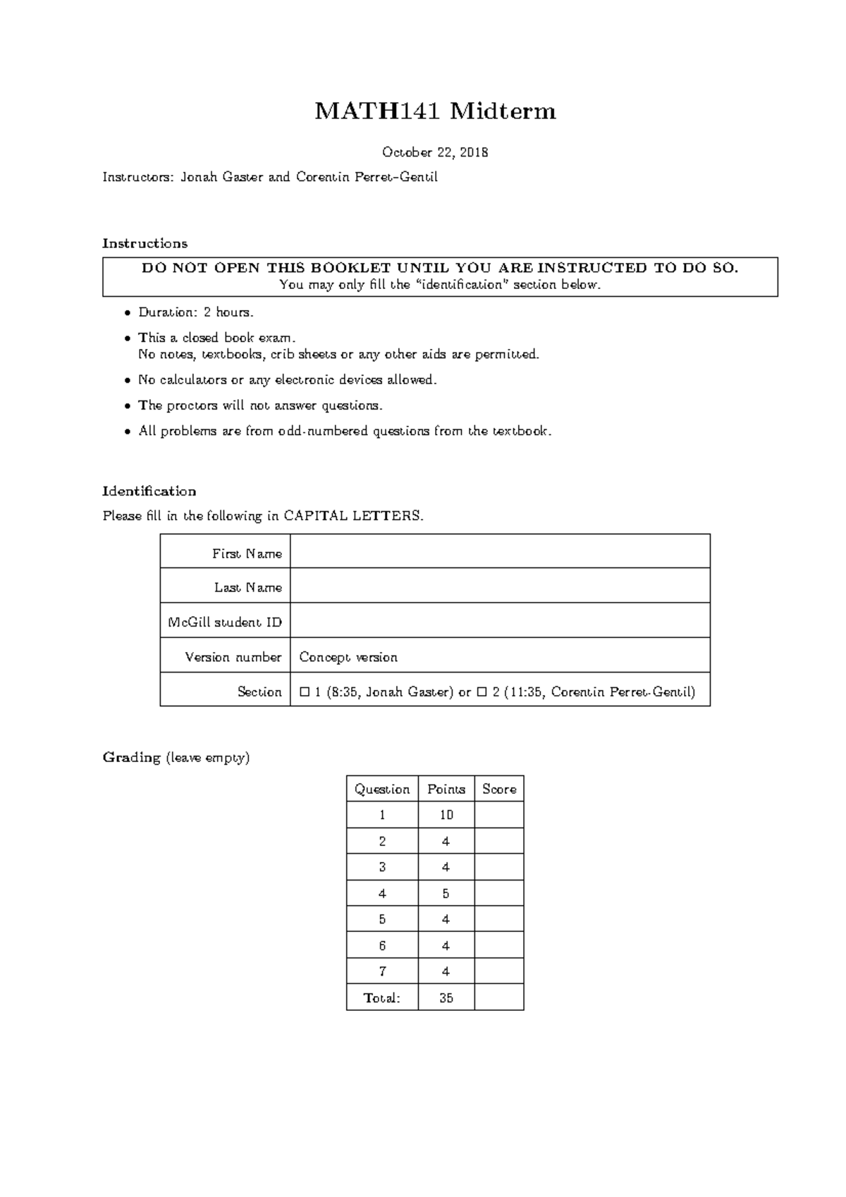 Midterm 22 October 2018, questions and answers - MATH141 Midterm ...