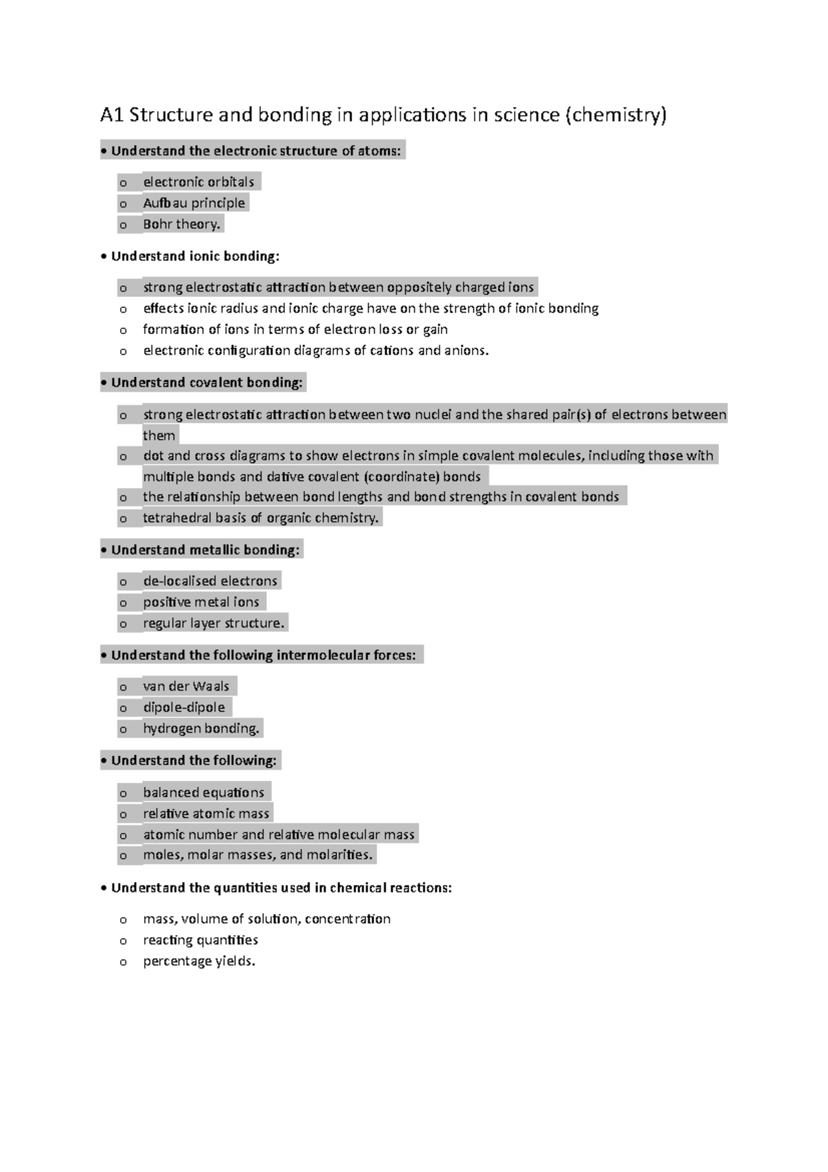 A1 Structure and Bonding in Chemistry: Applications and Principles ...