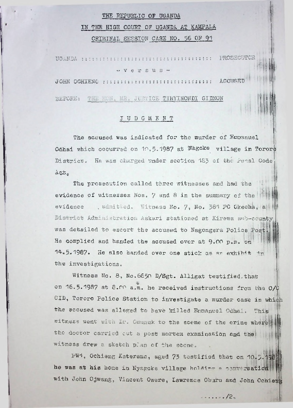Uganda v Ochieng: High Court Judgment on Murder Case 1993 UGHC 80 - Studocu