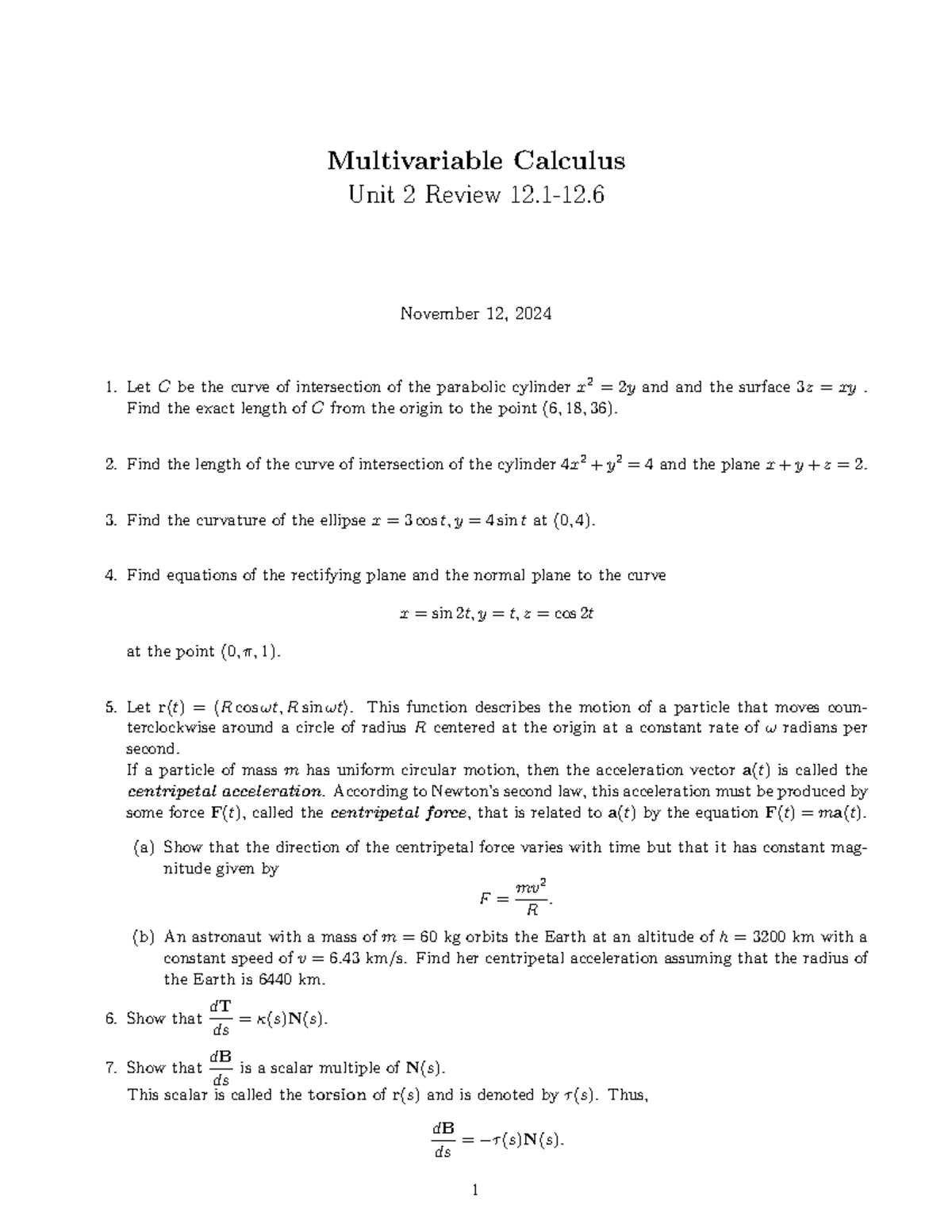 Ch12Unit Rev Problems - MV Calc notes - Multivariable Calculus Unit 2 ...