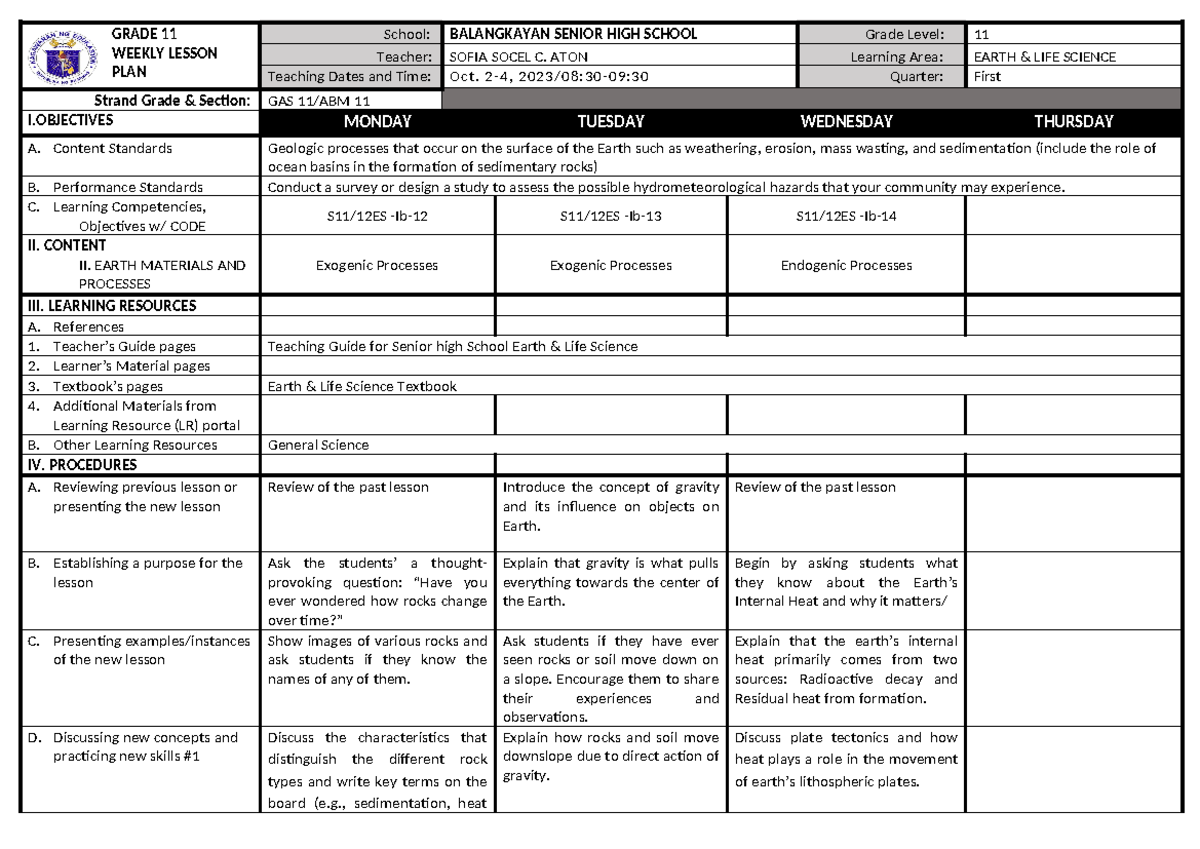 Weekly Learning Plan - GRADE 11 WEEKLY LESSON PLAN School: BALANGKAYAN ...