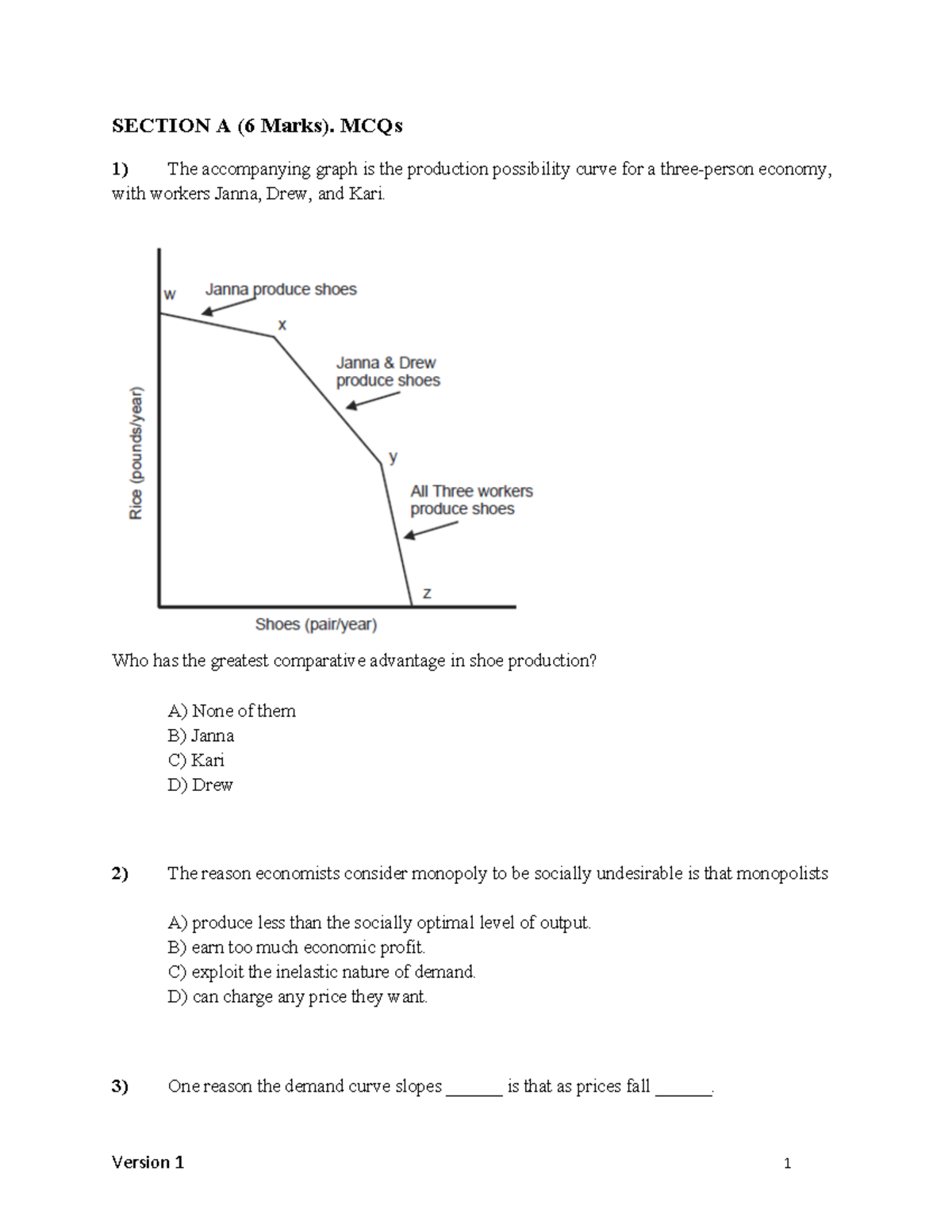 Microeconomics Mock exam V1 - SECTION A (6 Marks). MCQs The ...