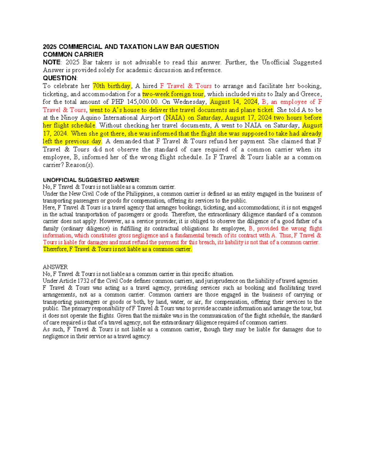 2025 COMM LAW - Common Carrier Liability Cases and Analysis - Studocu
