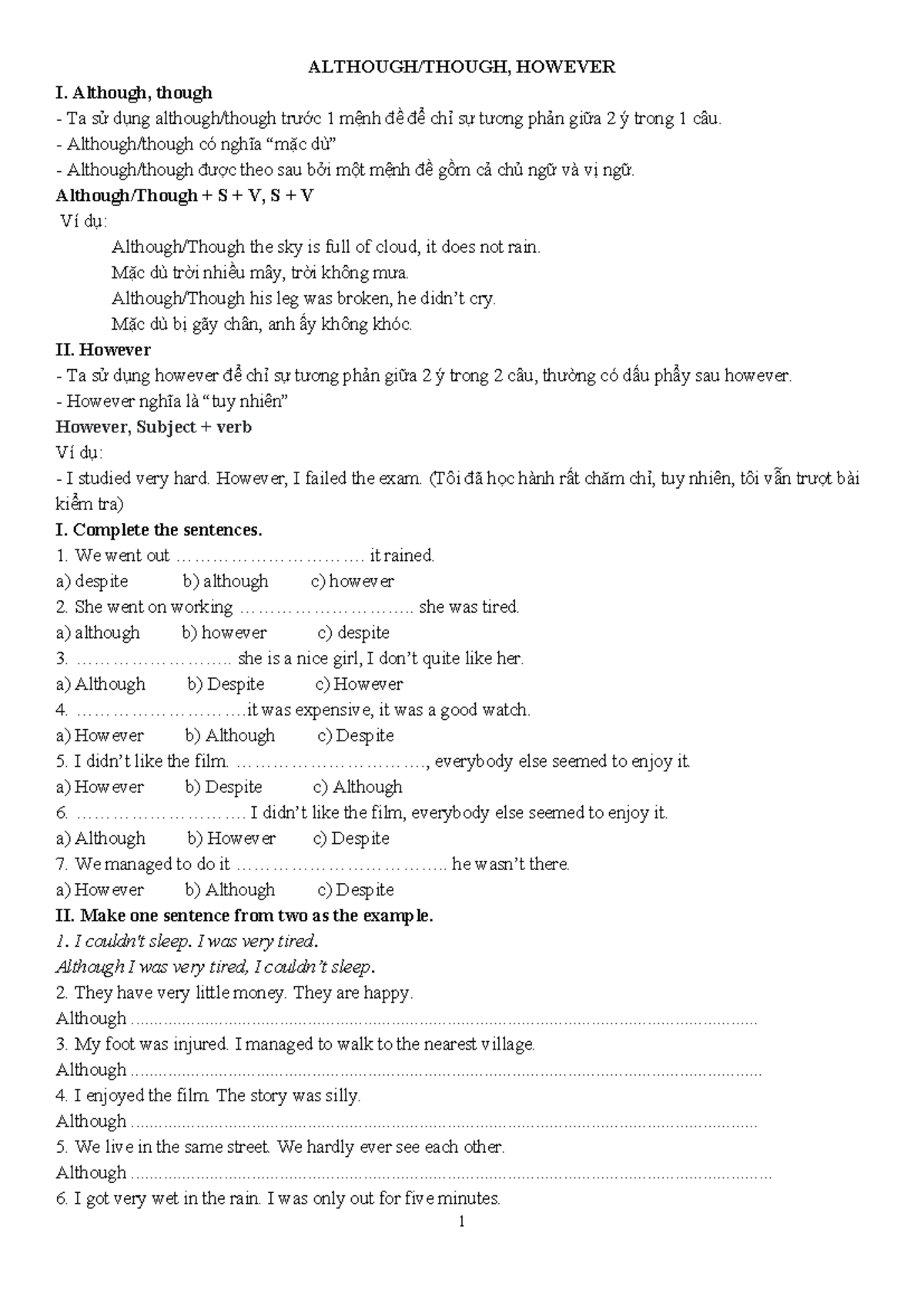 Grammar Notes on Although, Though, and However for ESL - Studocu