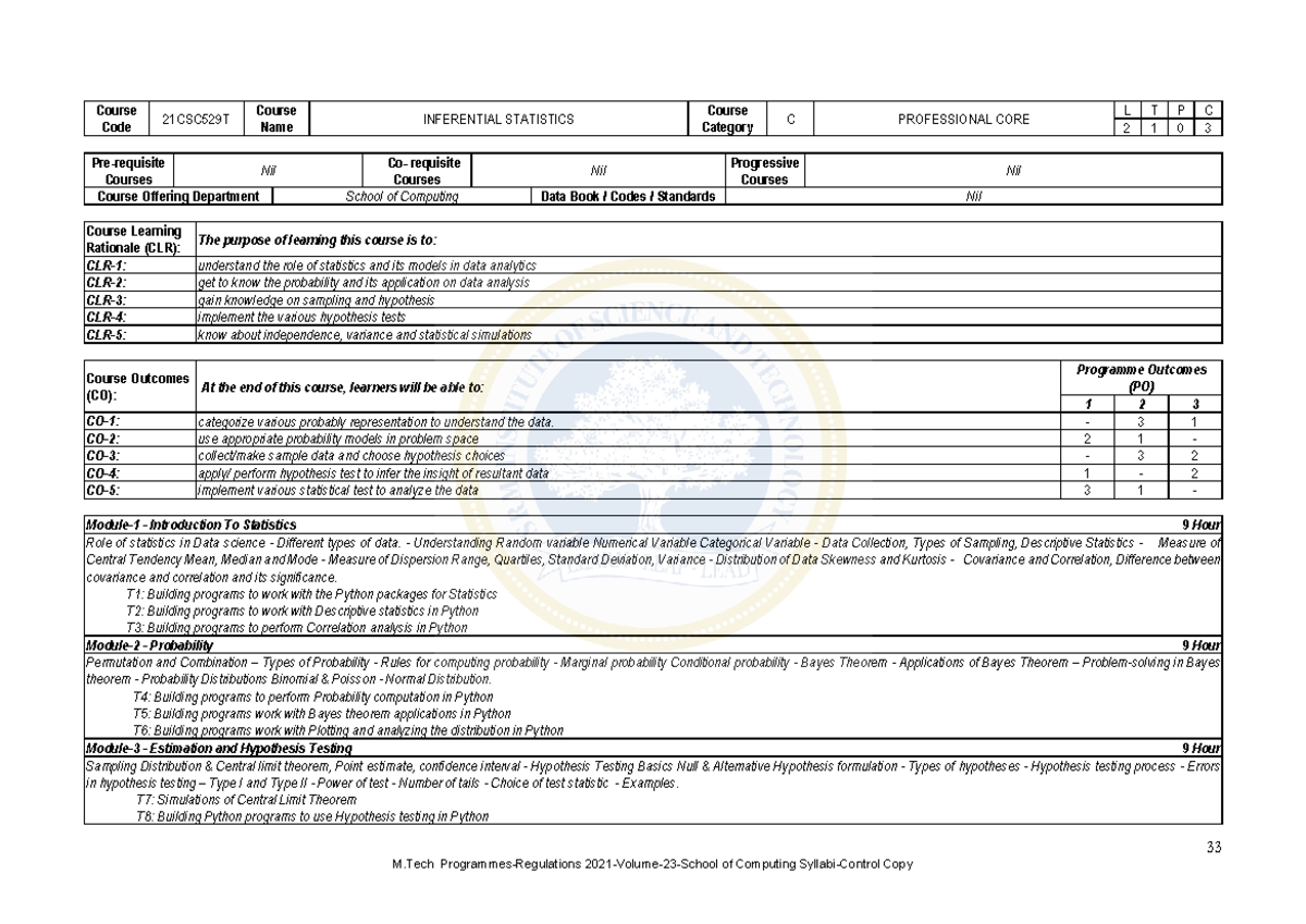 21CSC529T Inferential Statistics Course Syllabus Overview - Studocu