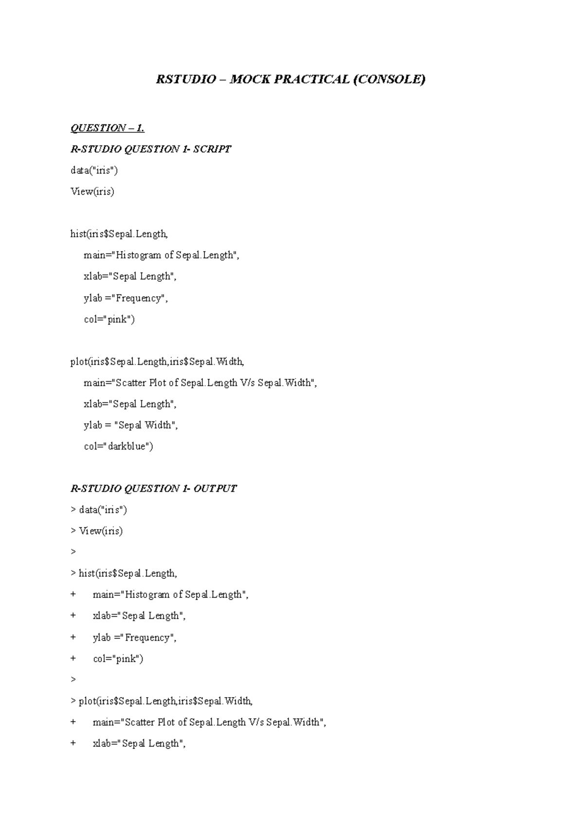 RSTUDIO MOCK PRACTICAL (BUSINESS ANALYTICS) QUESTIONS & OUTPUTS - Studocu