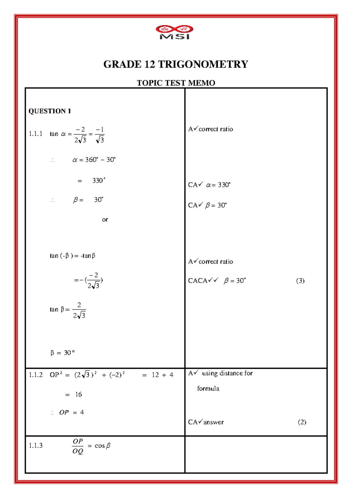 MSI GRADE 12 TRIGONOMETRY TOPIC TEST MEMO AND SOLUTIONS - Studocu