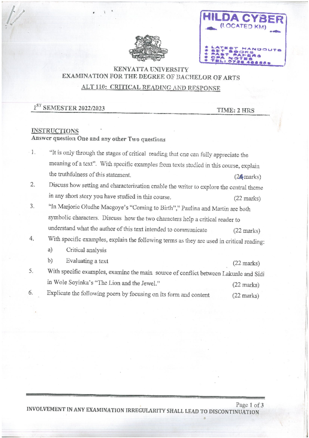 ALT 110: Critical Reading and Response Exam Papers and Notes - Studocu