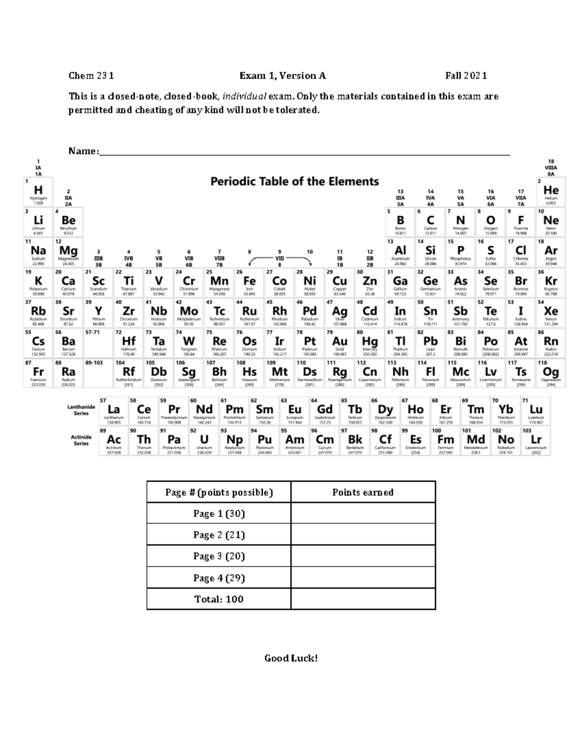 O Chem F21 231 Exam 1 VA - Fall 2021 Version A Exam Document - Studocu