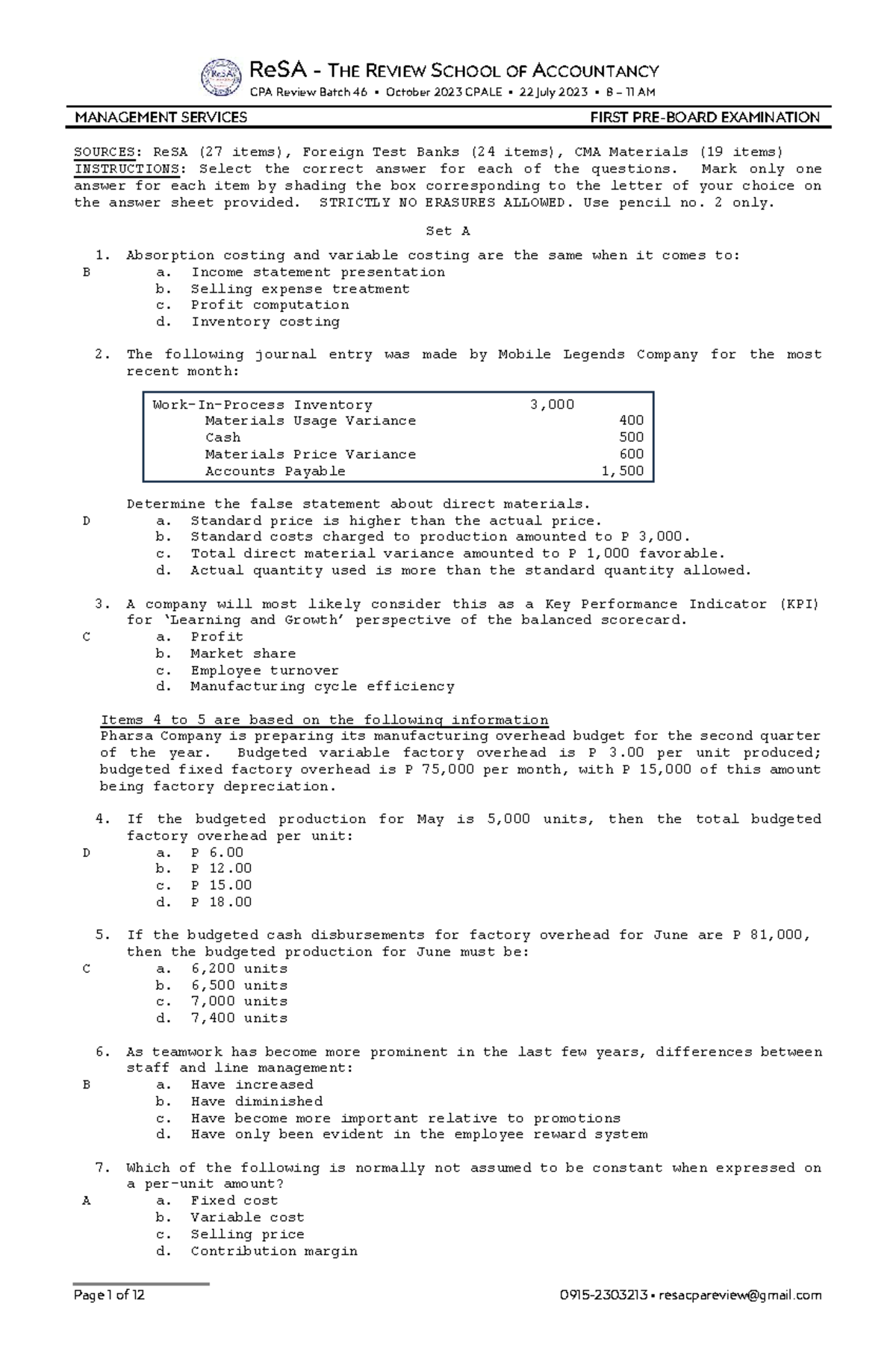 ReSA Batch 46 CPA Review Management Services First Exam Questions ...