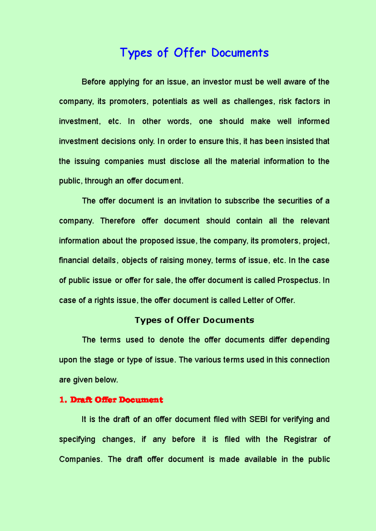 Types of Offer Documents: An Overview for Investors - Studocu