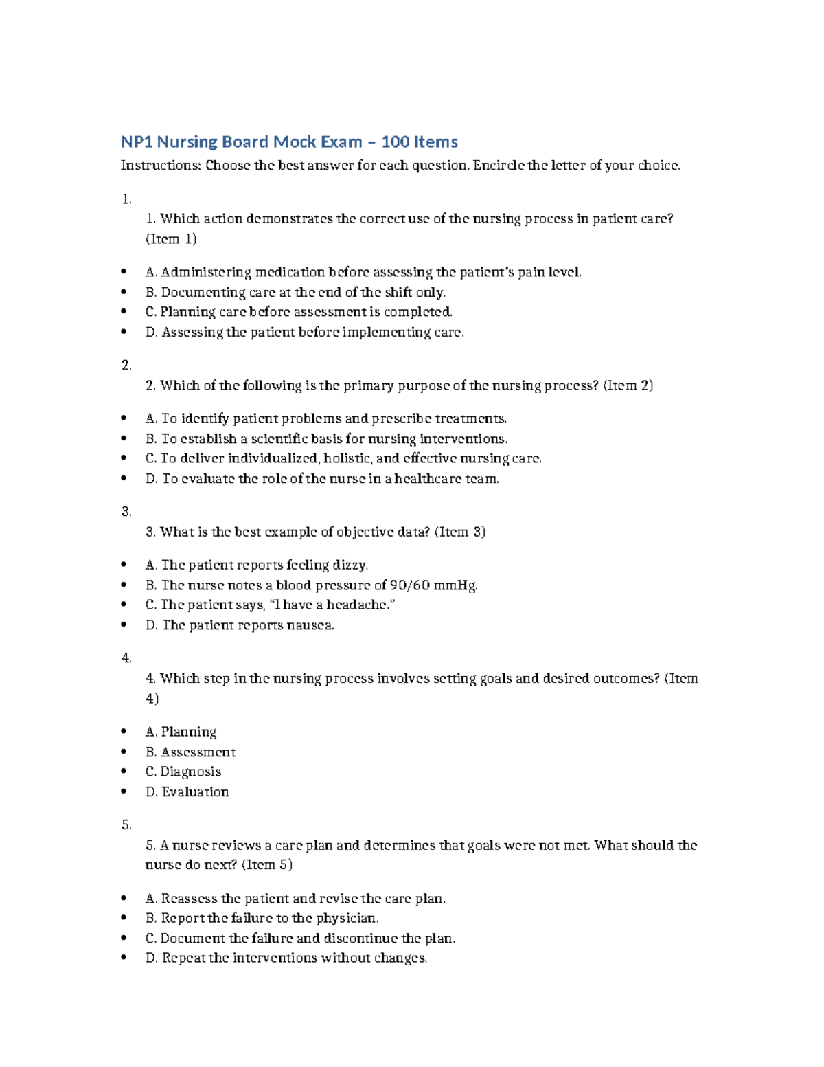 NP1 Nursing Mock Board Exam: 100 Questions & Answers - Studocu