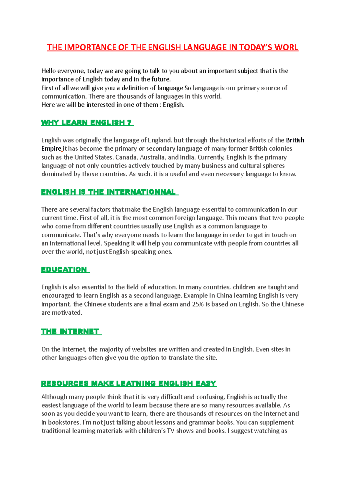 The Importance of the English Language Today: A Key to Success - Studocu