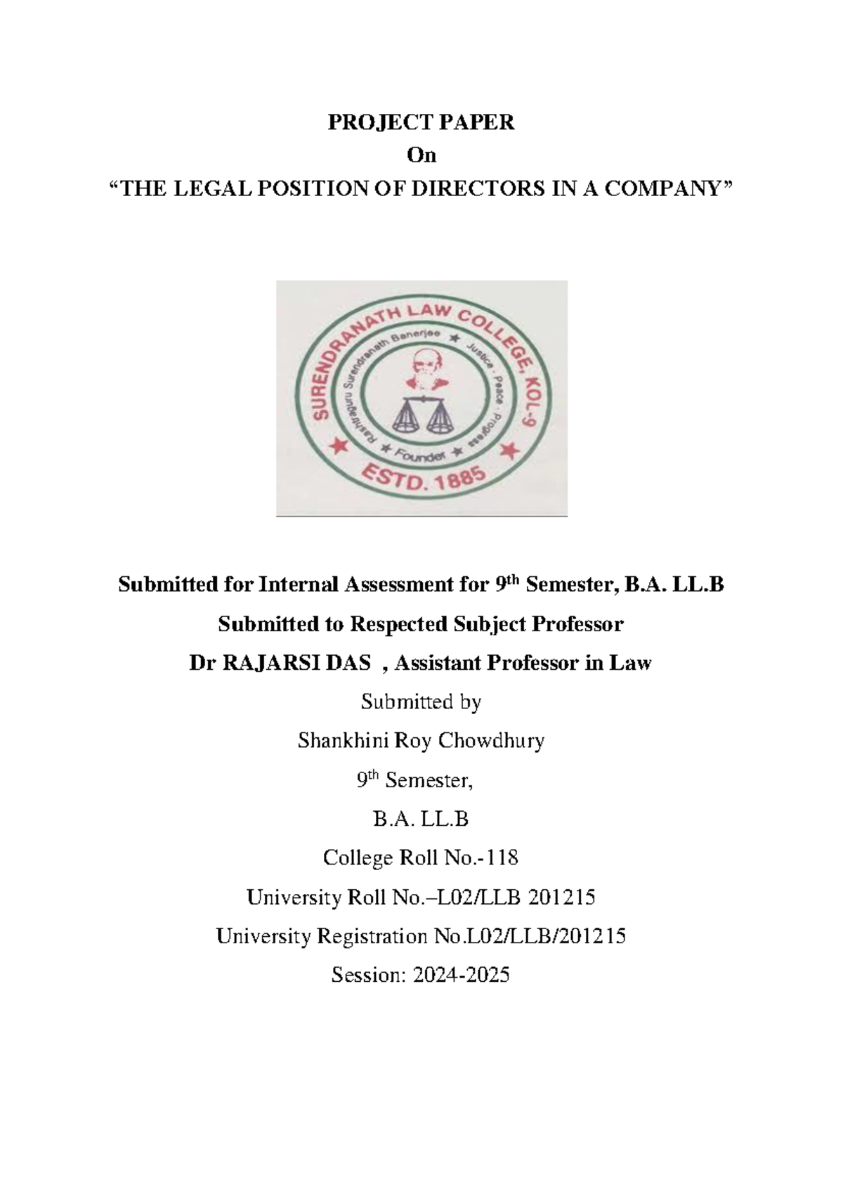 Legal Position of Directors in a Company: Project Paper for B.A. LL.B ...