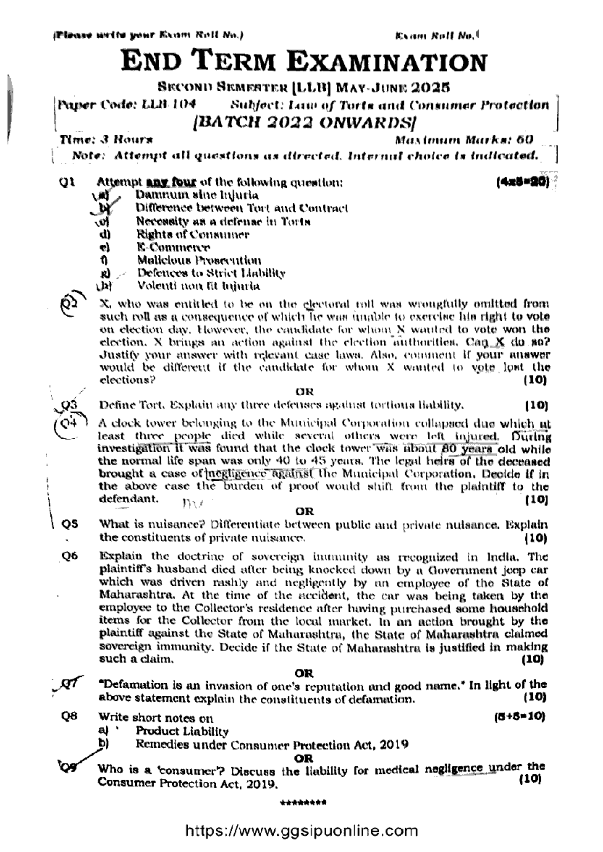 End Term Exam: Law of Torts & Consumer Protection (LLB 104) - June 2025 ...