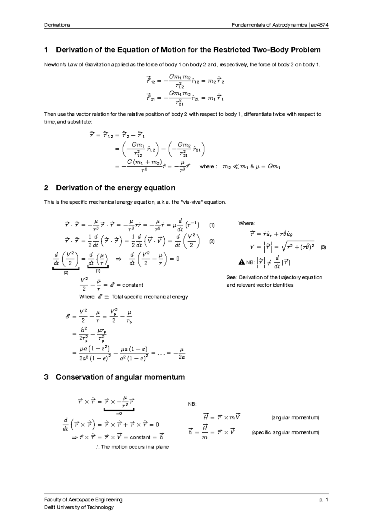 Derivations of Motion & Energy Equations in Astrodynamics AE4874 ...