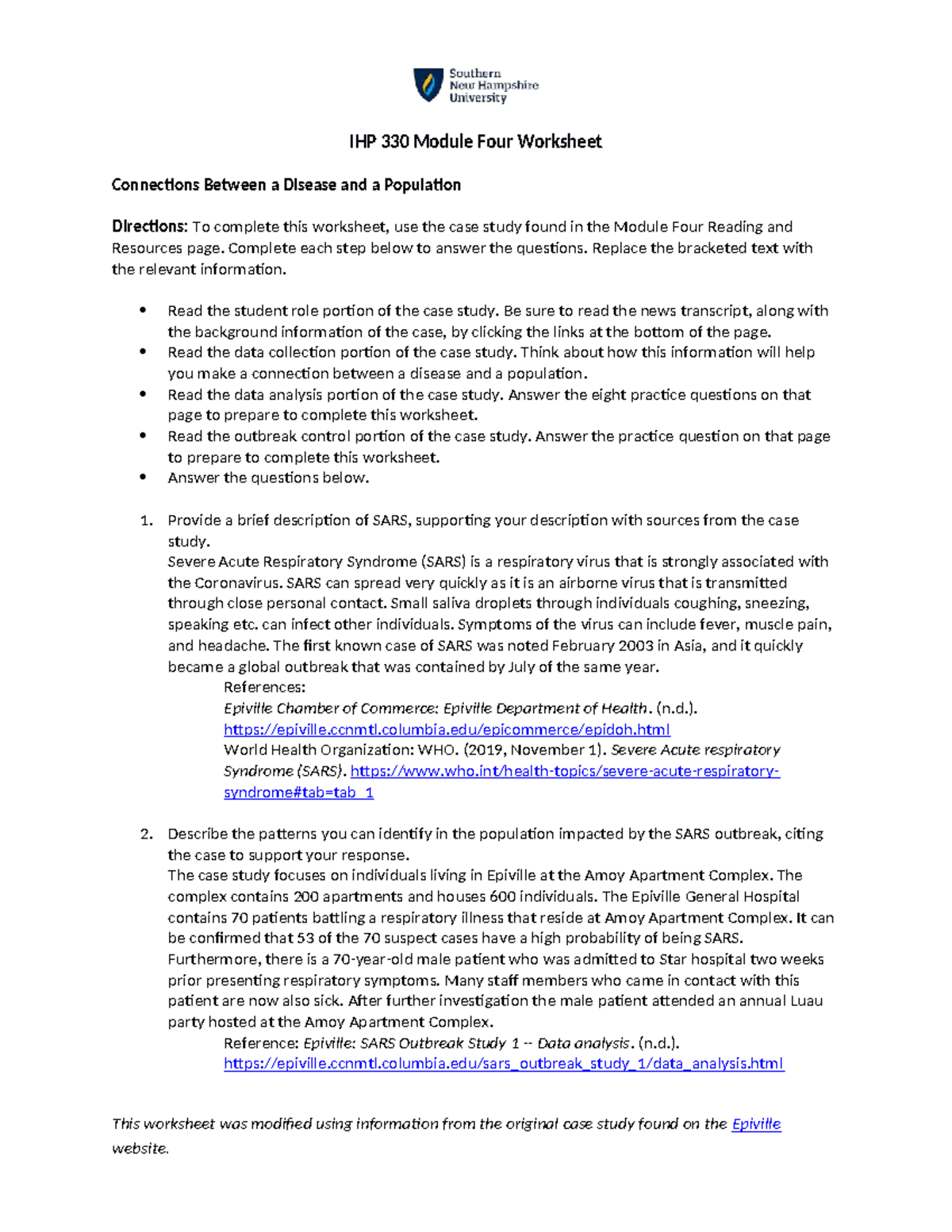 IHP 330 Module Four Worksheet: SARS and Population Connections - Studocu