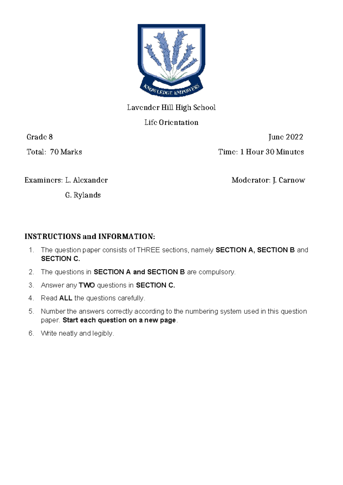 Grade 8 Life Orientation June 2022 Exam Paper (Total: 70 Marks) - Studocu