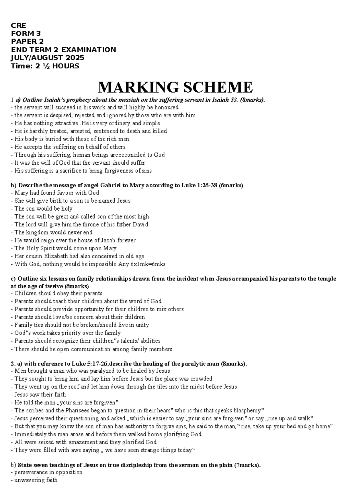 CRE FORM 3 PAPER 2 END TERM 2 EXAMINATION 2025 MARKING SCHEME - Studocu