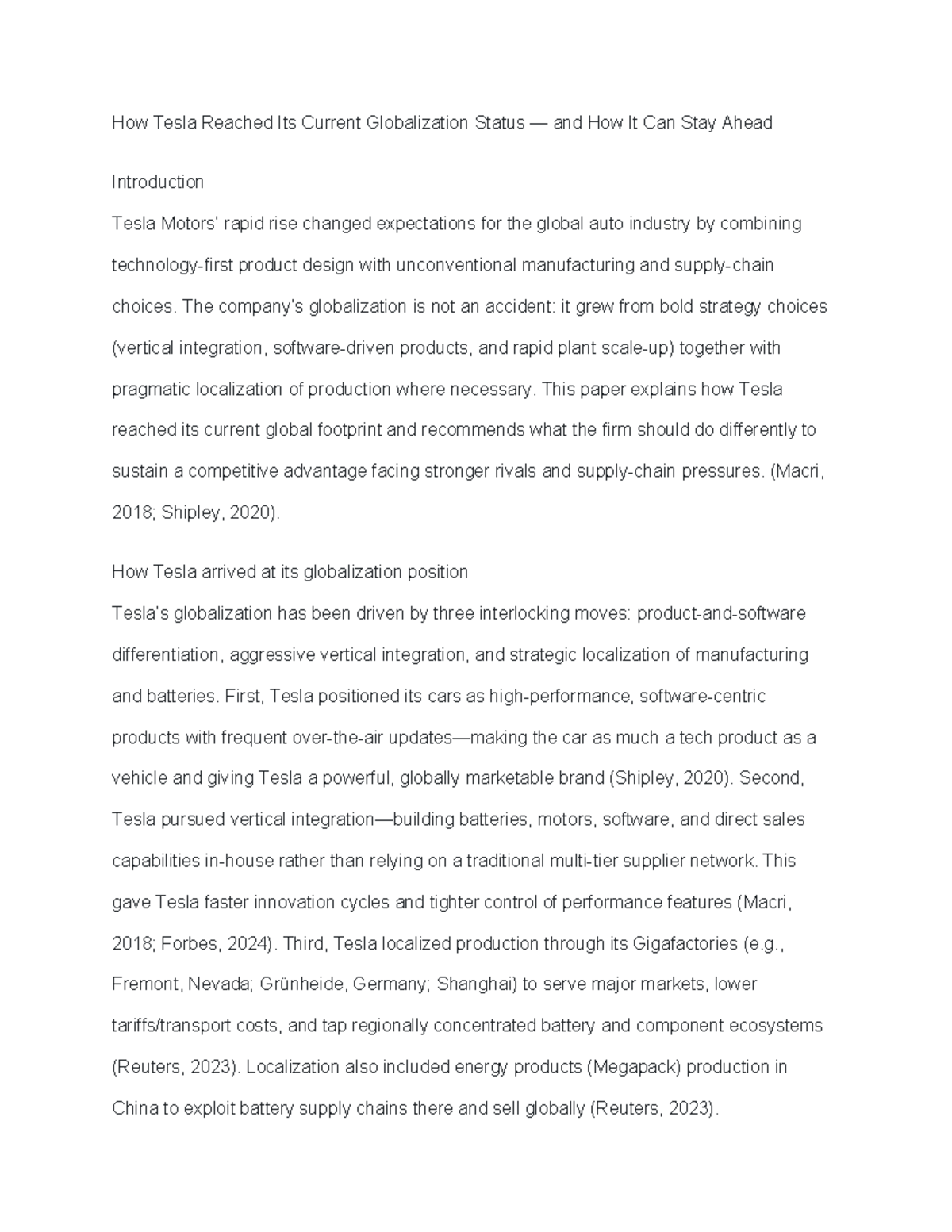 BUS 2207 Written Assignment 1: Tesla's Globalization Strategy and ...