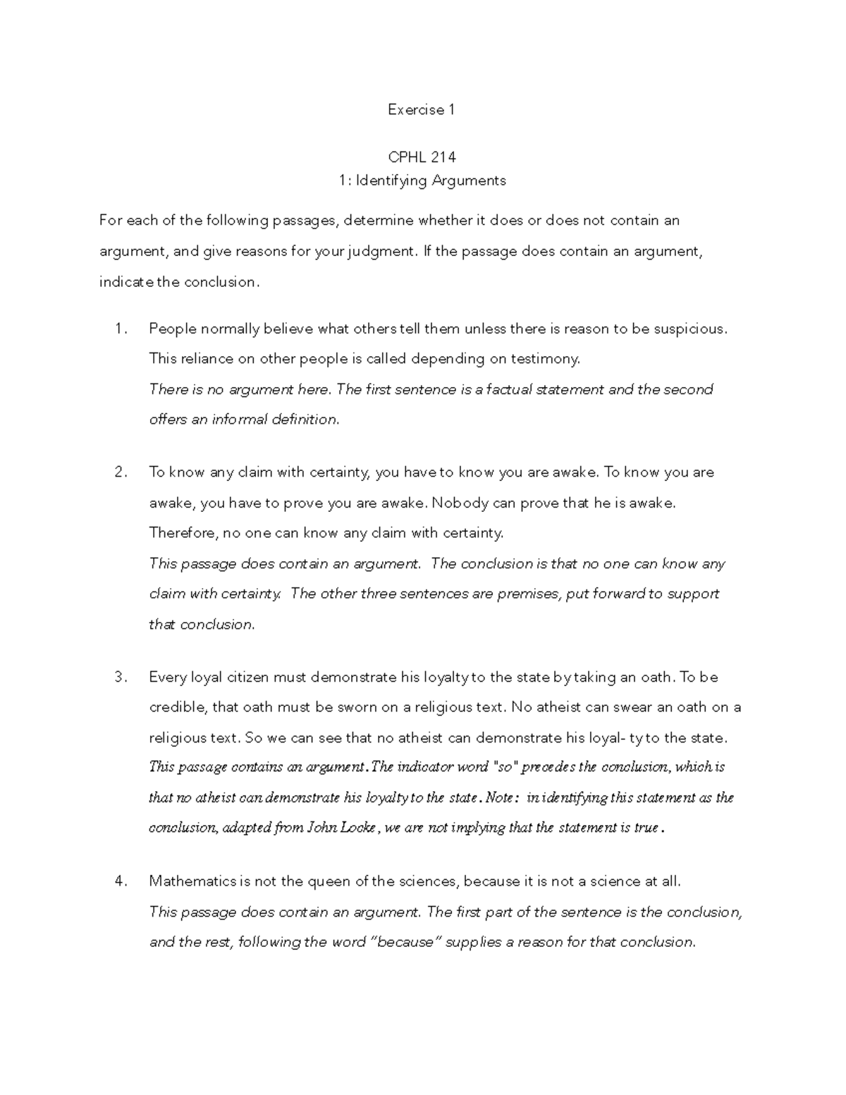 CPHL 214 - Identifying Arguments: Key Exercises and Conclusions - Studocu