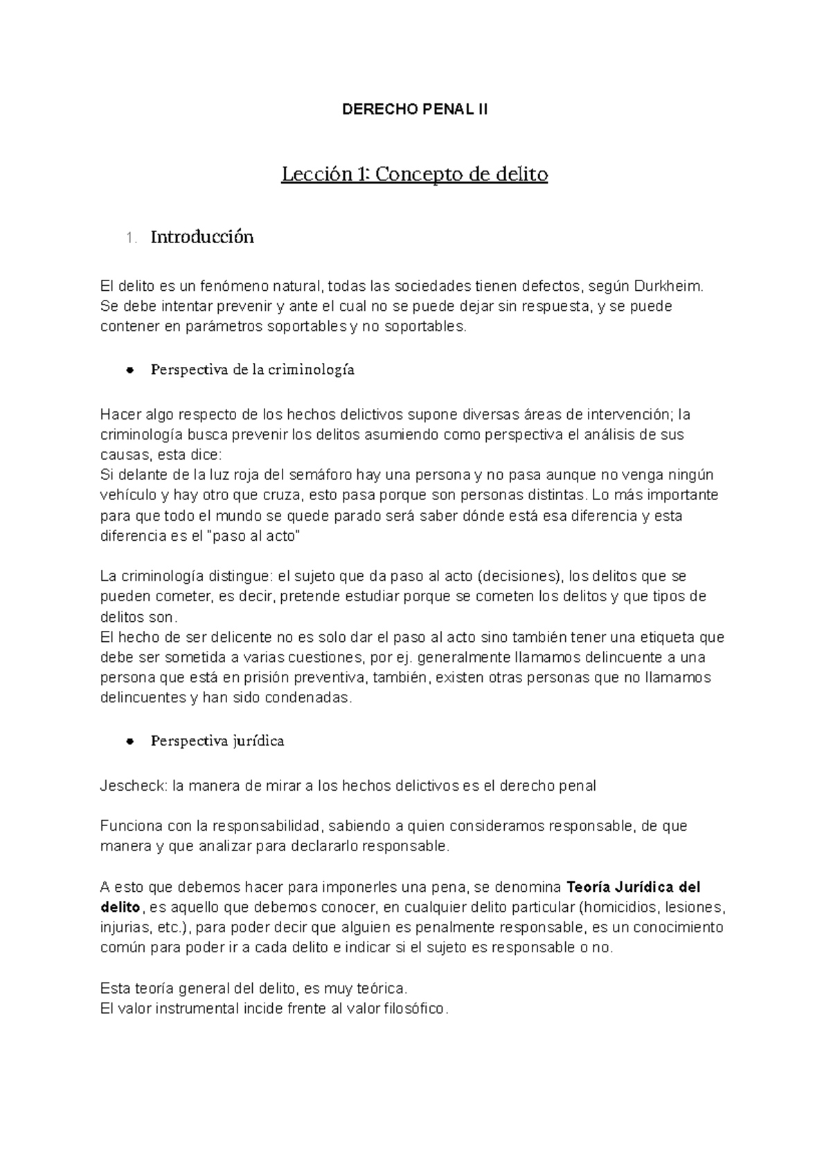 DERECHO PENAL II: Lección 1 - Concepto de Delito y Criminología - Studocu
