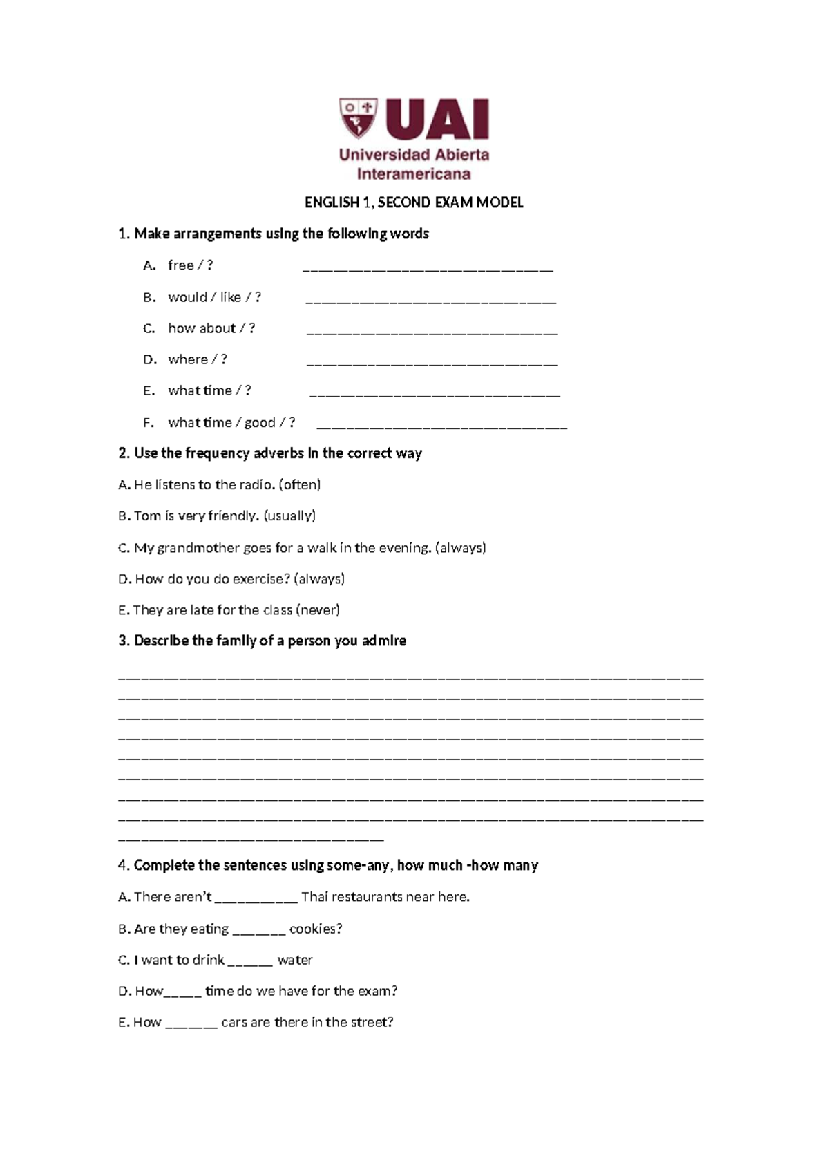 ENGLISH 1, SECOND EXAM MODEL 1: Practice Questions and Exercises - Studocu