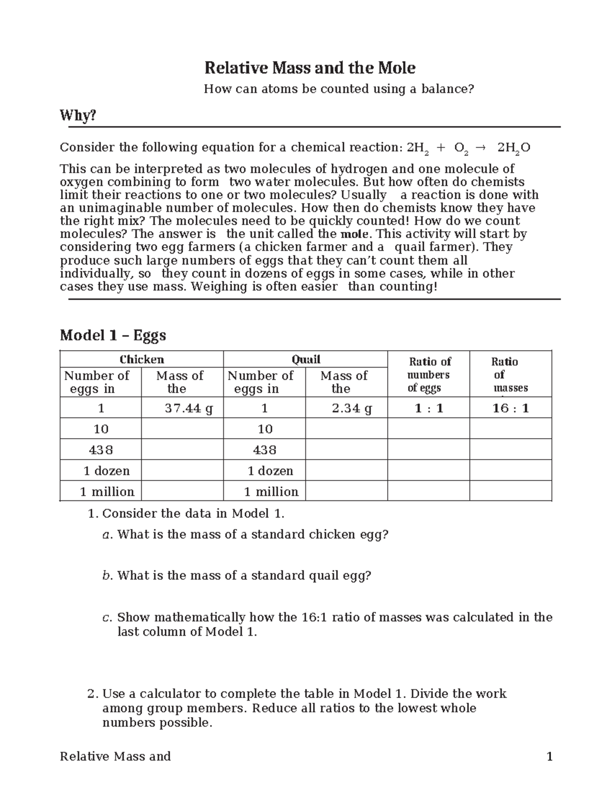 Pogil Relative Mass & the Mole - Conceptual Understanding and ...