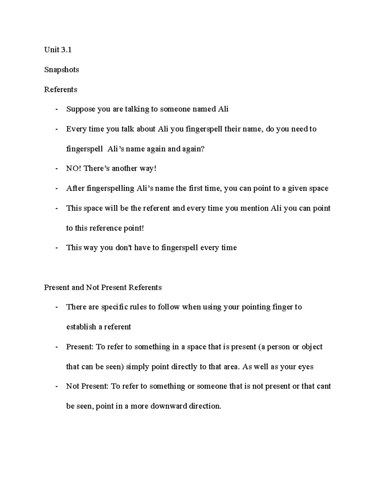 Unit 1.1 ASL 101 Lecture Notes on Key Features and Techniques - Studocu