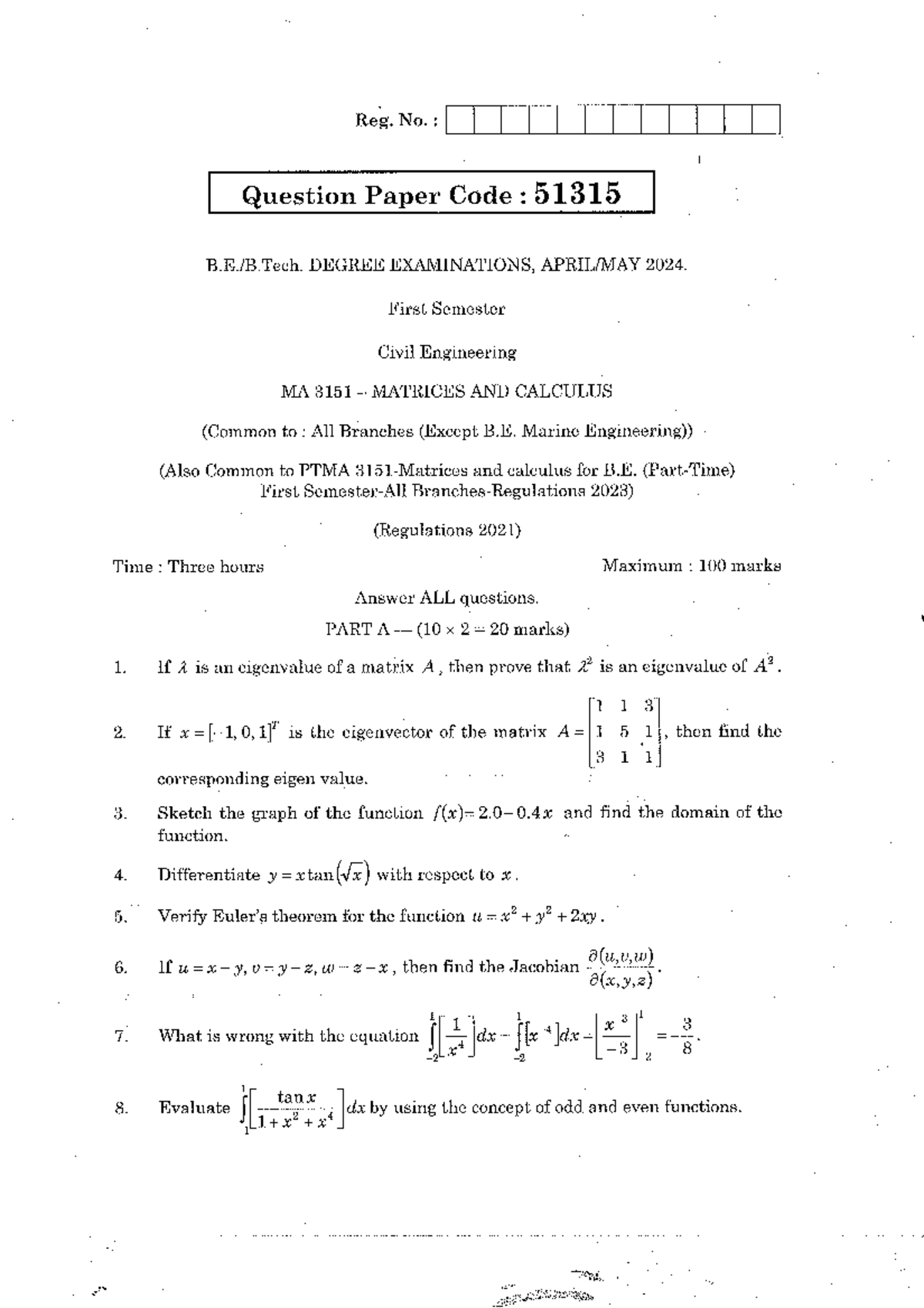 Matrices and Calculus MA 3151 Exam Paper - I SEM, Reg 2021 - Studocu